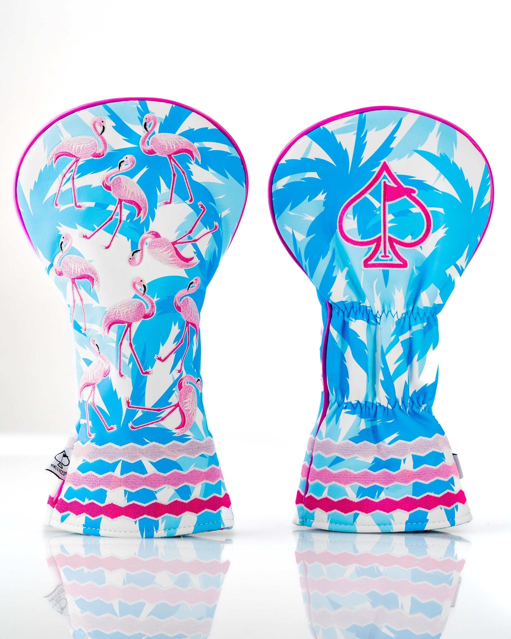 Brightly colored driver cover featuring a flamingo pattern and palm leaves, designed for golfers who want to stand out.