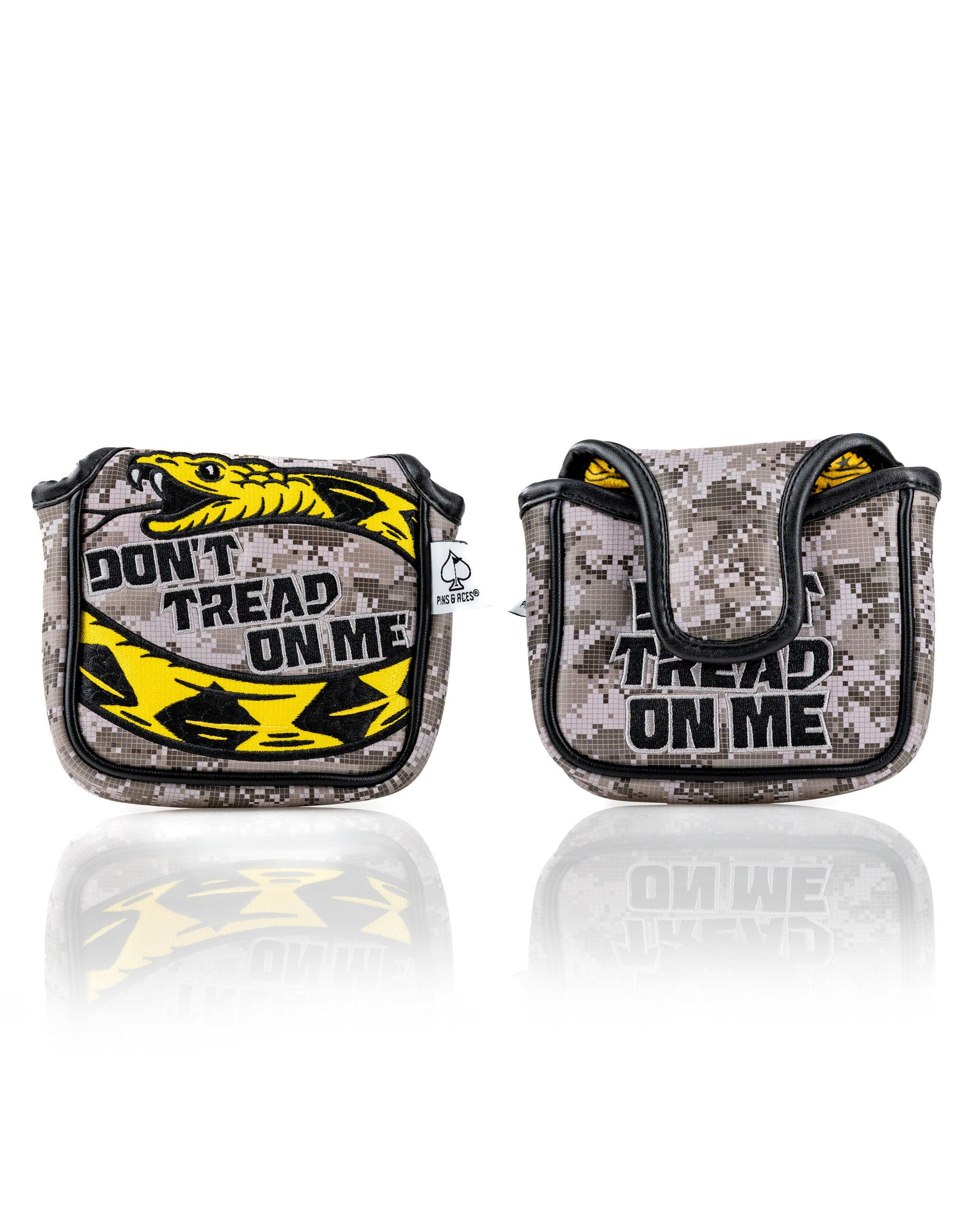 Camouflage mallet putter cover featuring a bold "Don't Tread On Me" design with a striking yellow snake graphic.