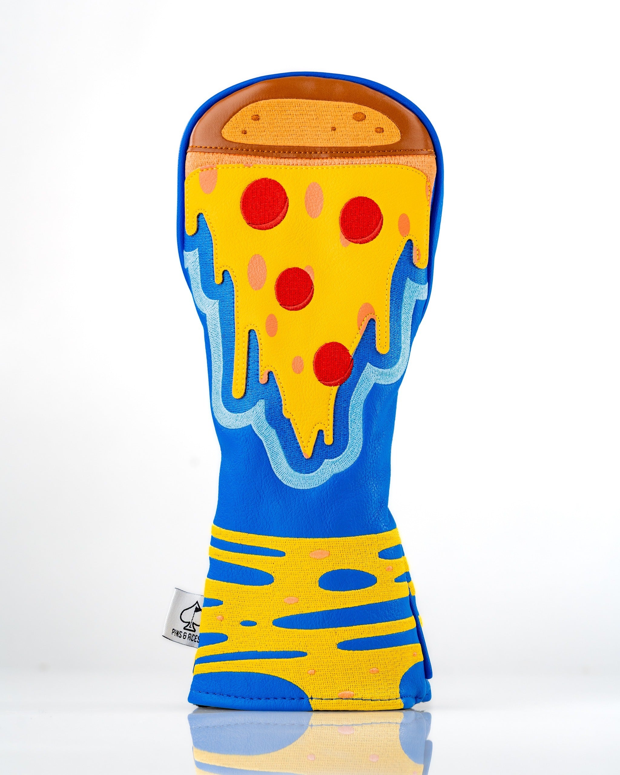 Colorful pizza-themed fairway cover featuring dripping cheese and pepperoni, designed for golfers who want to stand out.