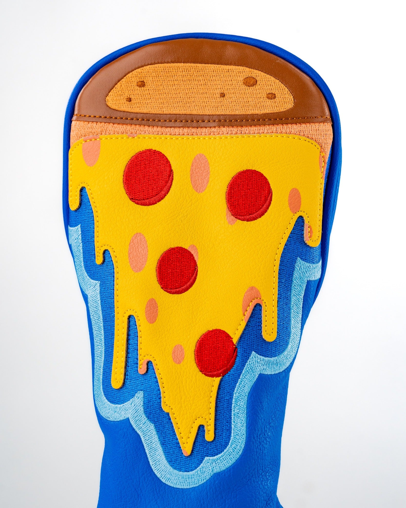 Bold pizza-themed fairway cover featuring vibrant colors and dripping cheese design, perfect for standout golfers.