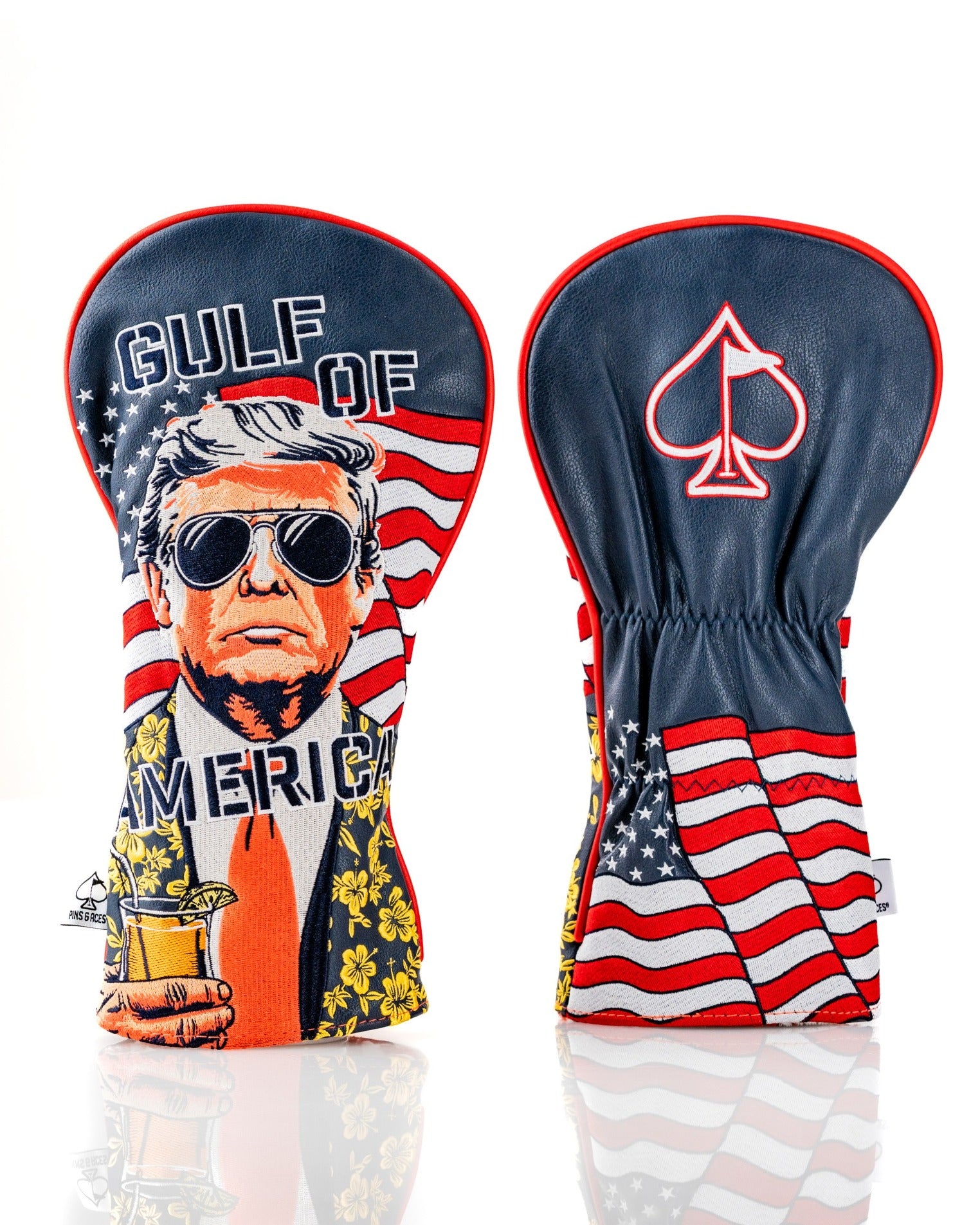 Bold driver cover featuring a patriotic design with a stylized figure holding a drink, surrounded by American flags.