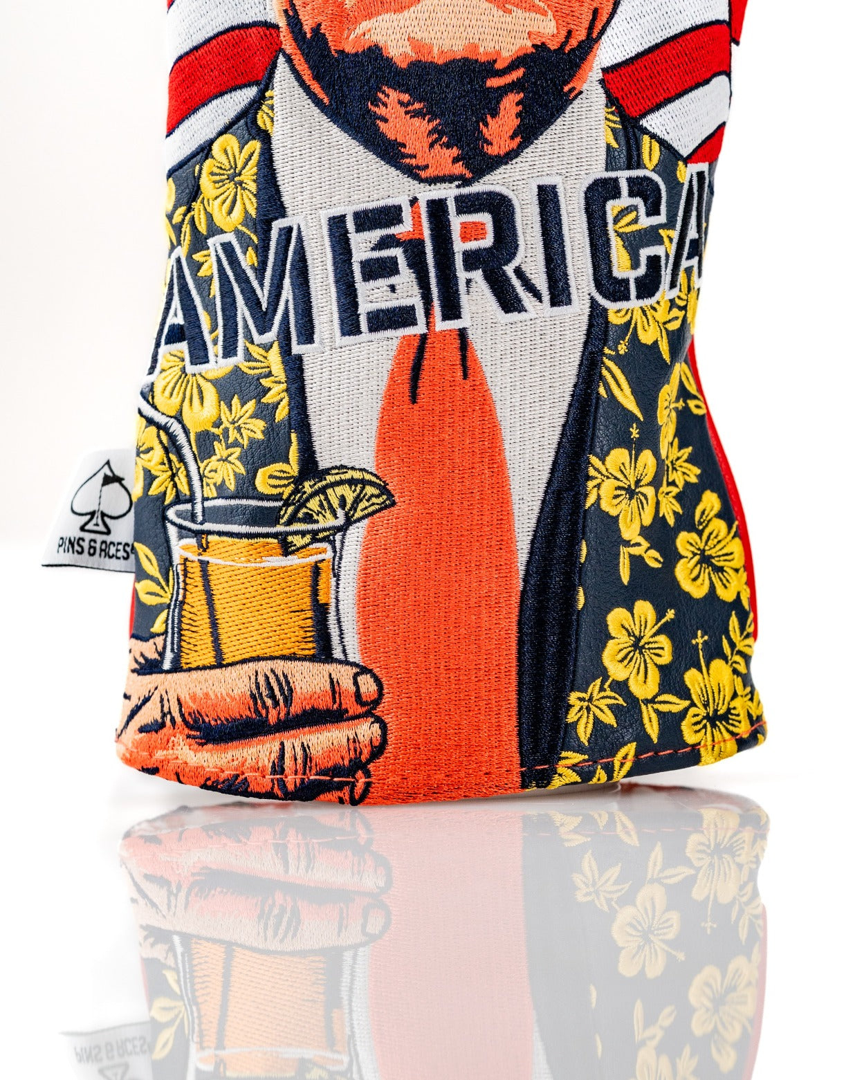 Bold driver cover featuring a caricature of a man with a drink, adorned with floral patterns and the text "Gulf of America.