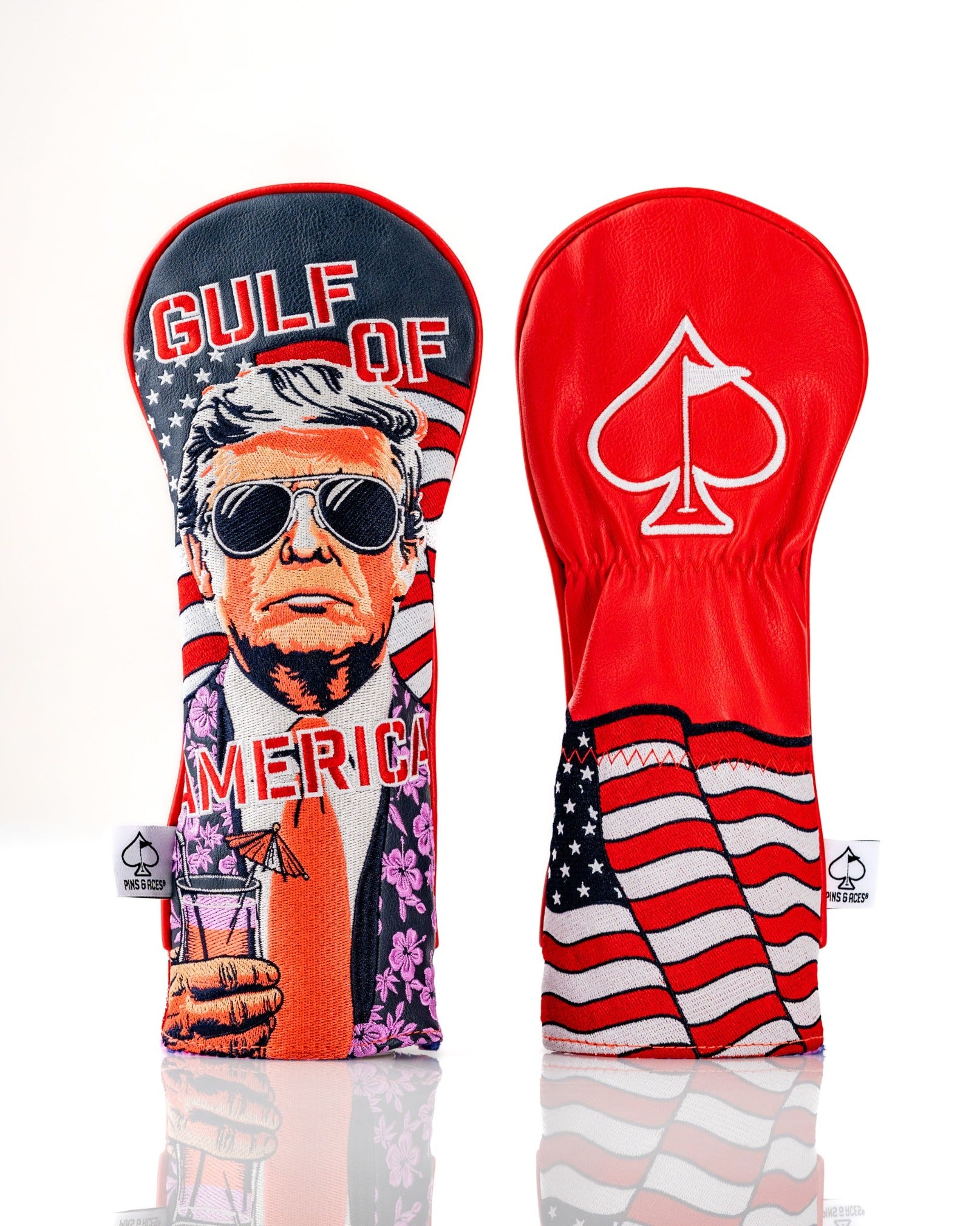 Bold golf fairway cover featuring a graphic of a man in sunglasses with "Gulf of America" text and patriotic designs.