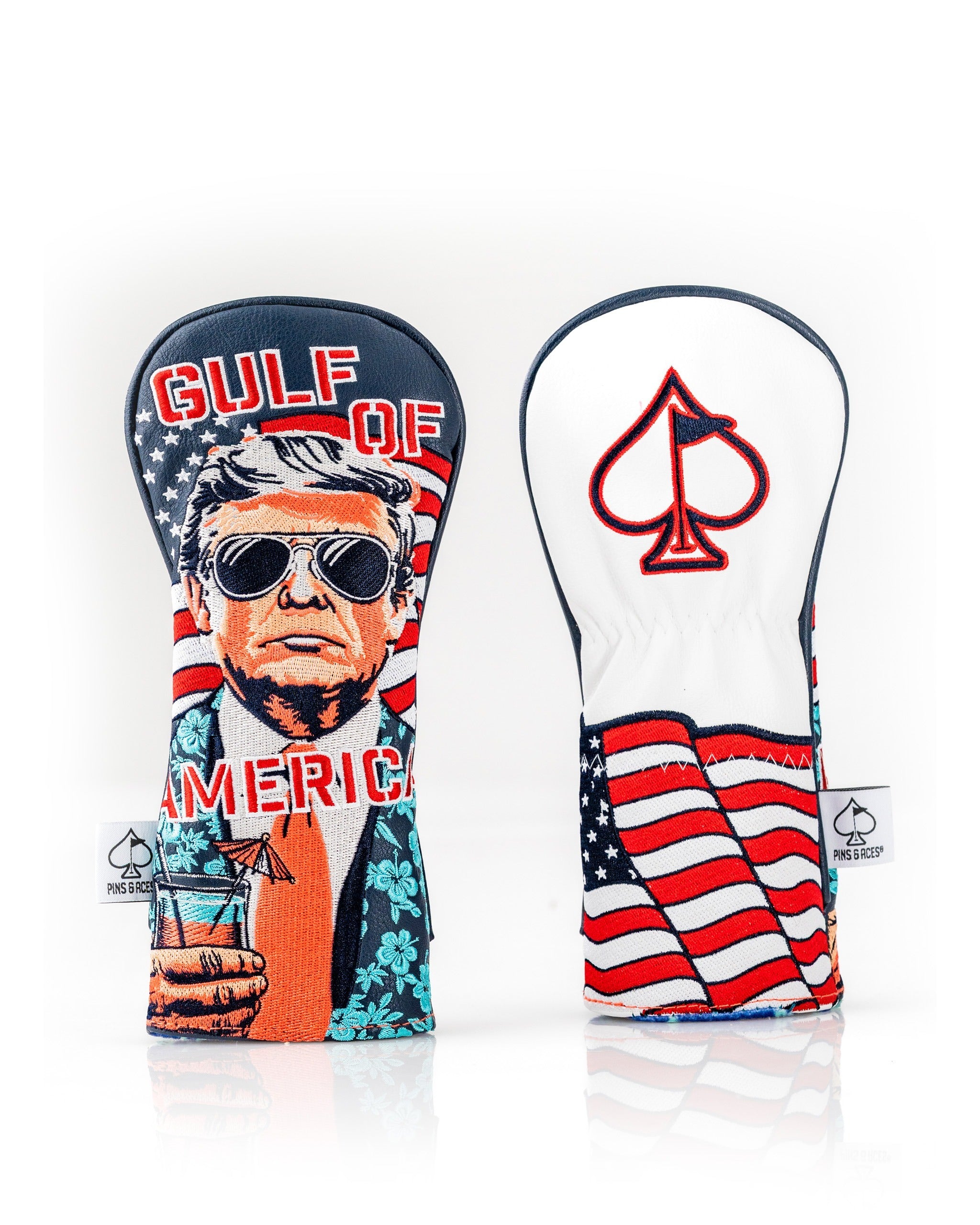 Bold hybrid golf cover featuring a patriotic design with a stylized figure holding a drink, surrounded by American flags.