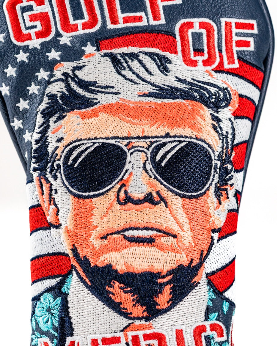 Bold hybrid golf cover featuring an embroidered design of a man in sunglasses against a patriotic background with "Gulf of America" text.