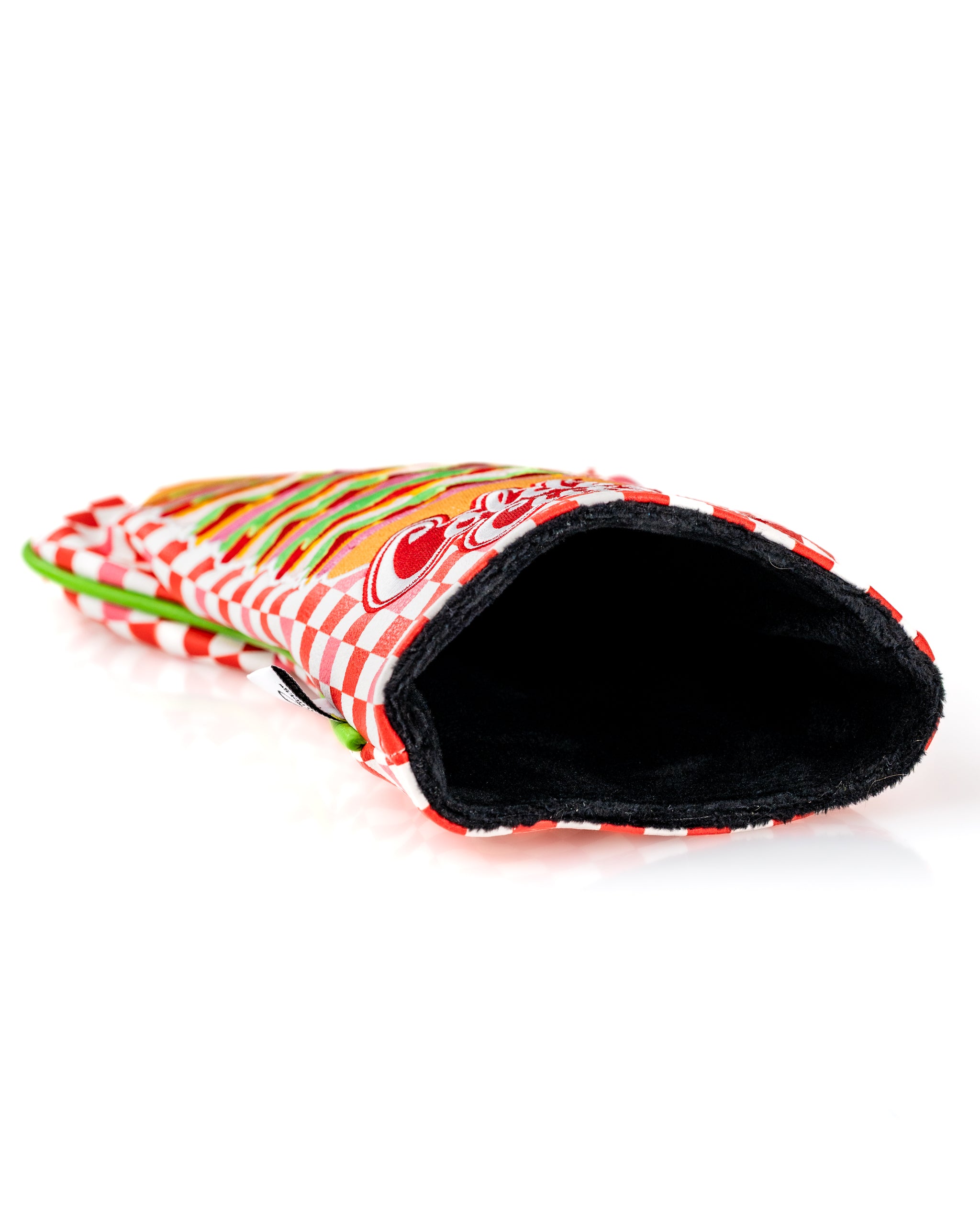 Bold driver cover featuring a colorful checkered design with playful food graphics, perfect for adding flair to your golf game.