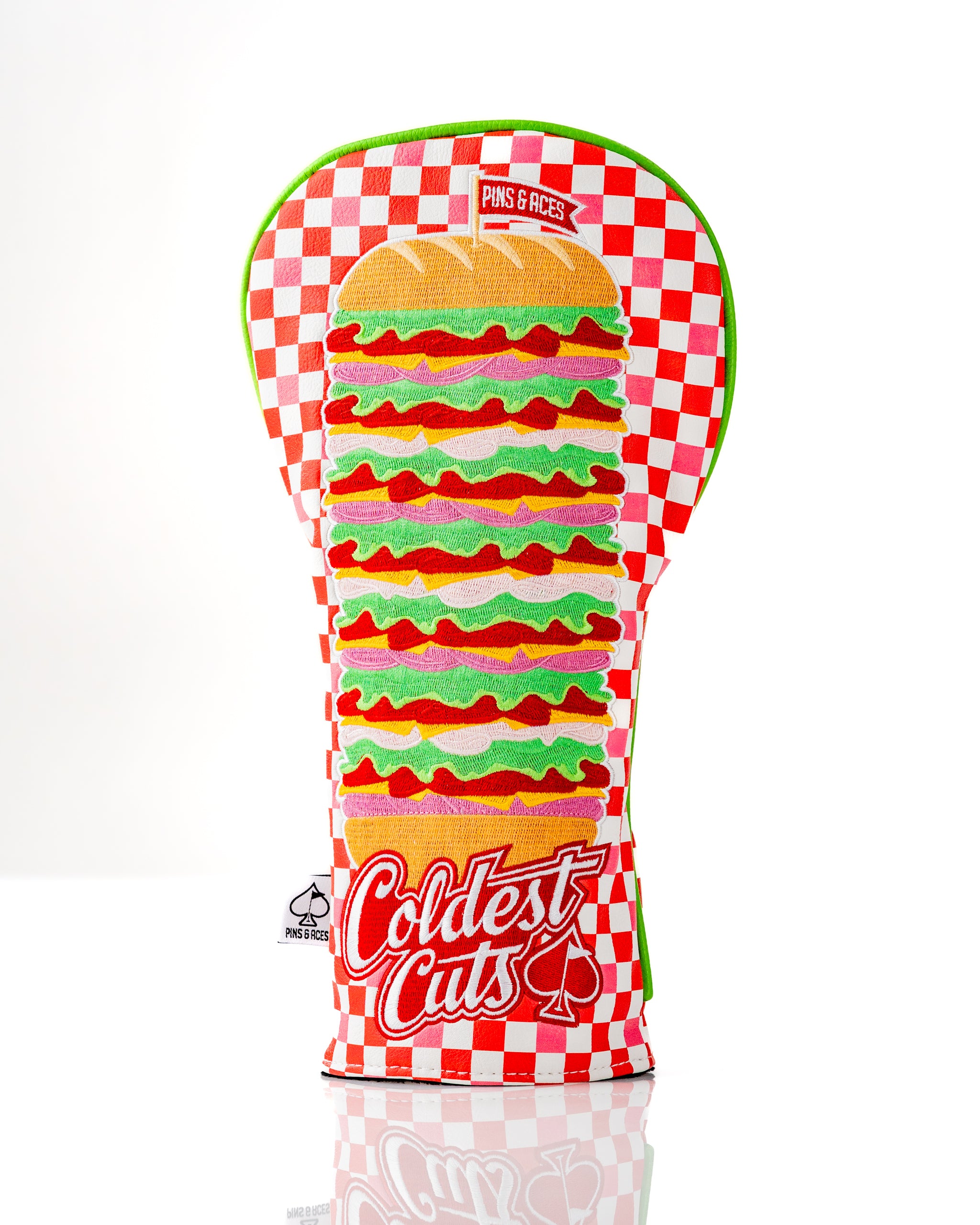 Bold driver cover featuring a colorful burger design with a checkered background, perfect for standout golf style.