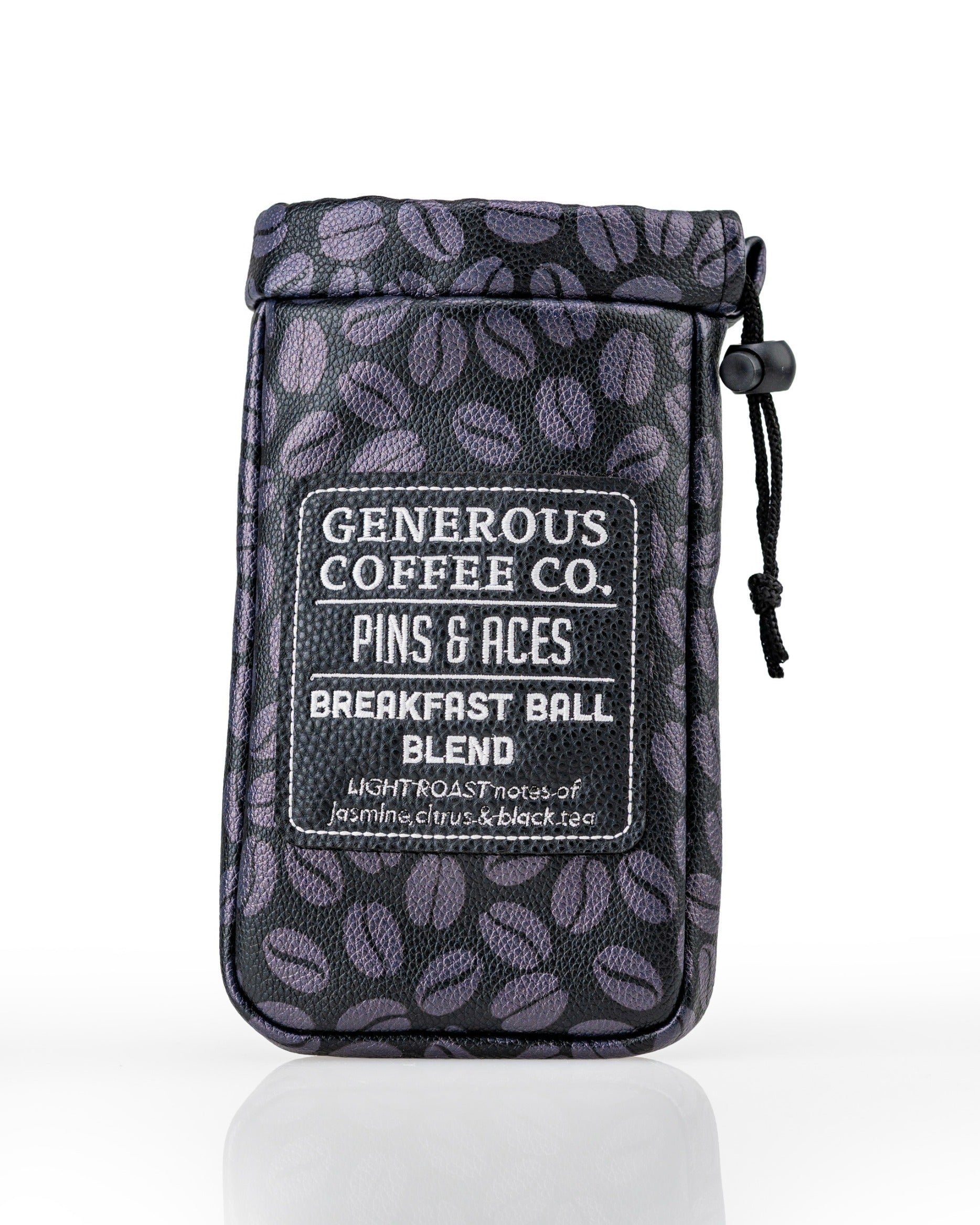 Generous Coffee valuables pouch featuring a coffee bean pattern and a label for Breakfast Ball Blend.