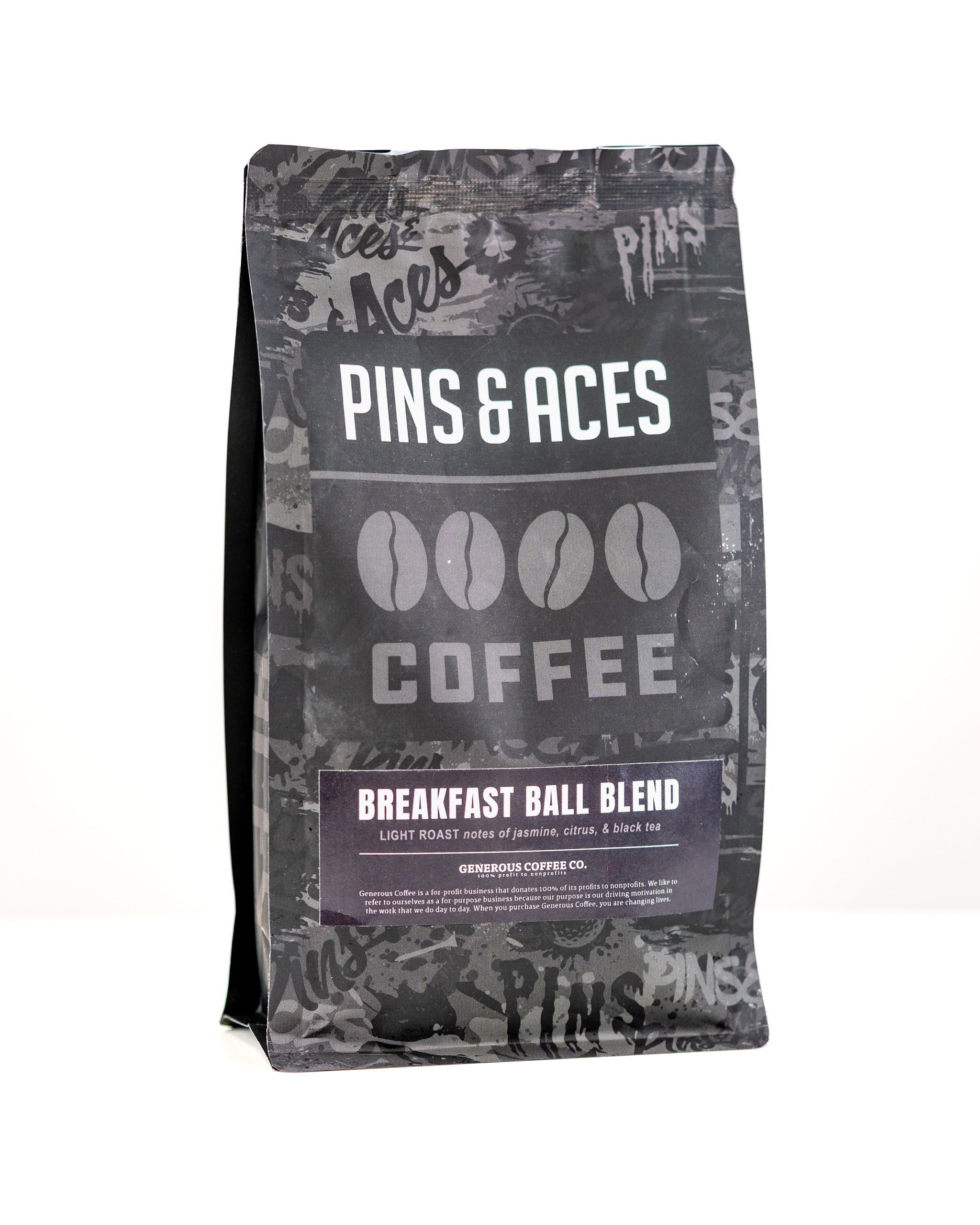 Breakfast Ball Blend coffee bag featuring a light roast with notes of jasmine, citrus, and black tea.