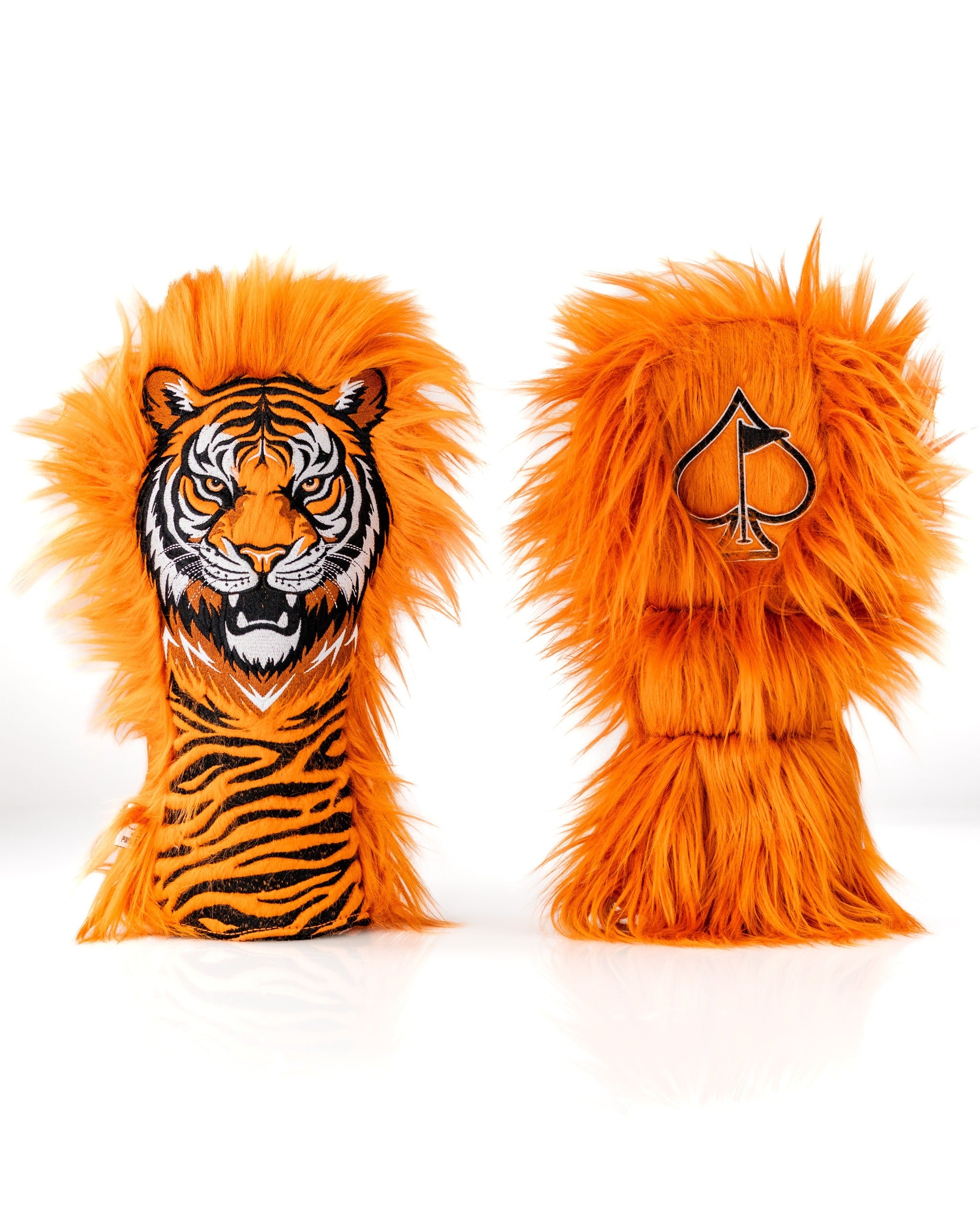 Bold orange tiger driver cover featuring a detailed tiger face and plush fur design, perfect for standout golf style.