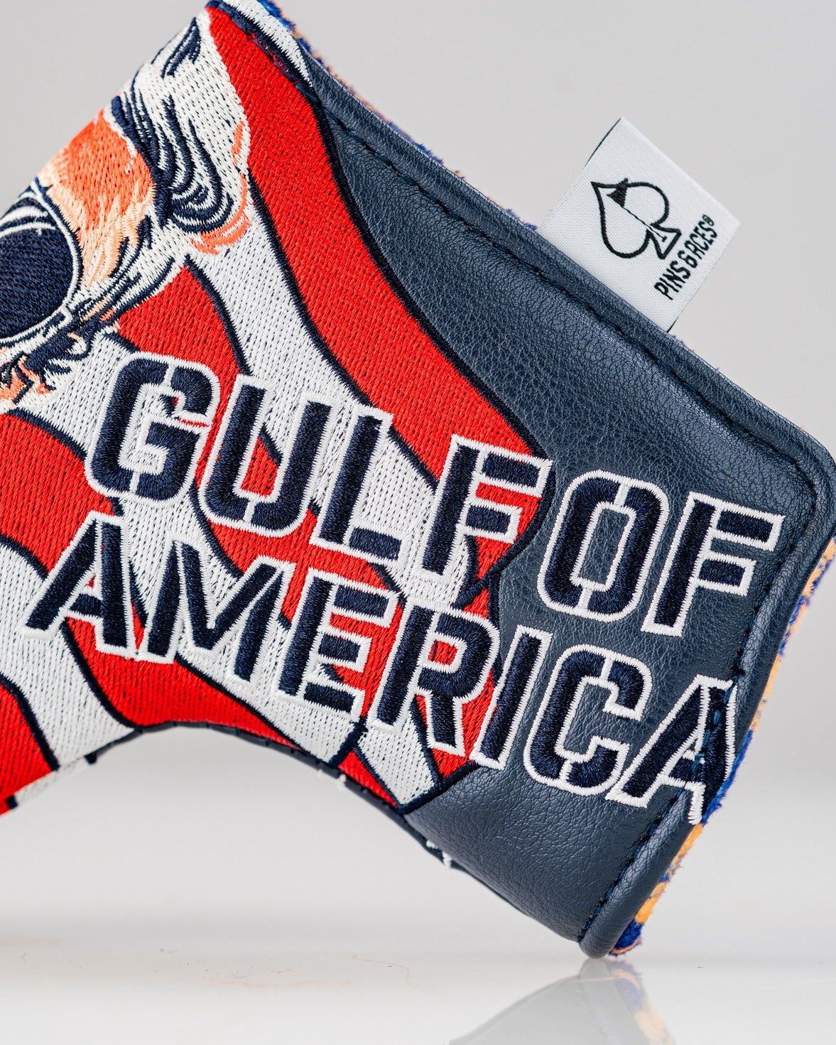 Bold golf blade cover featuring a patriotic design with "Gulf of America" text and an eagle motif. Ideal for standout golfers.
