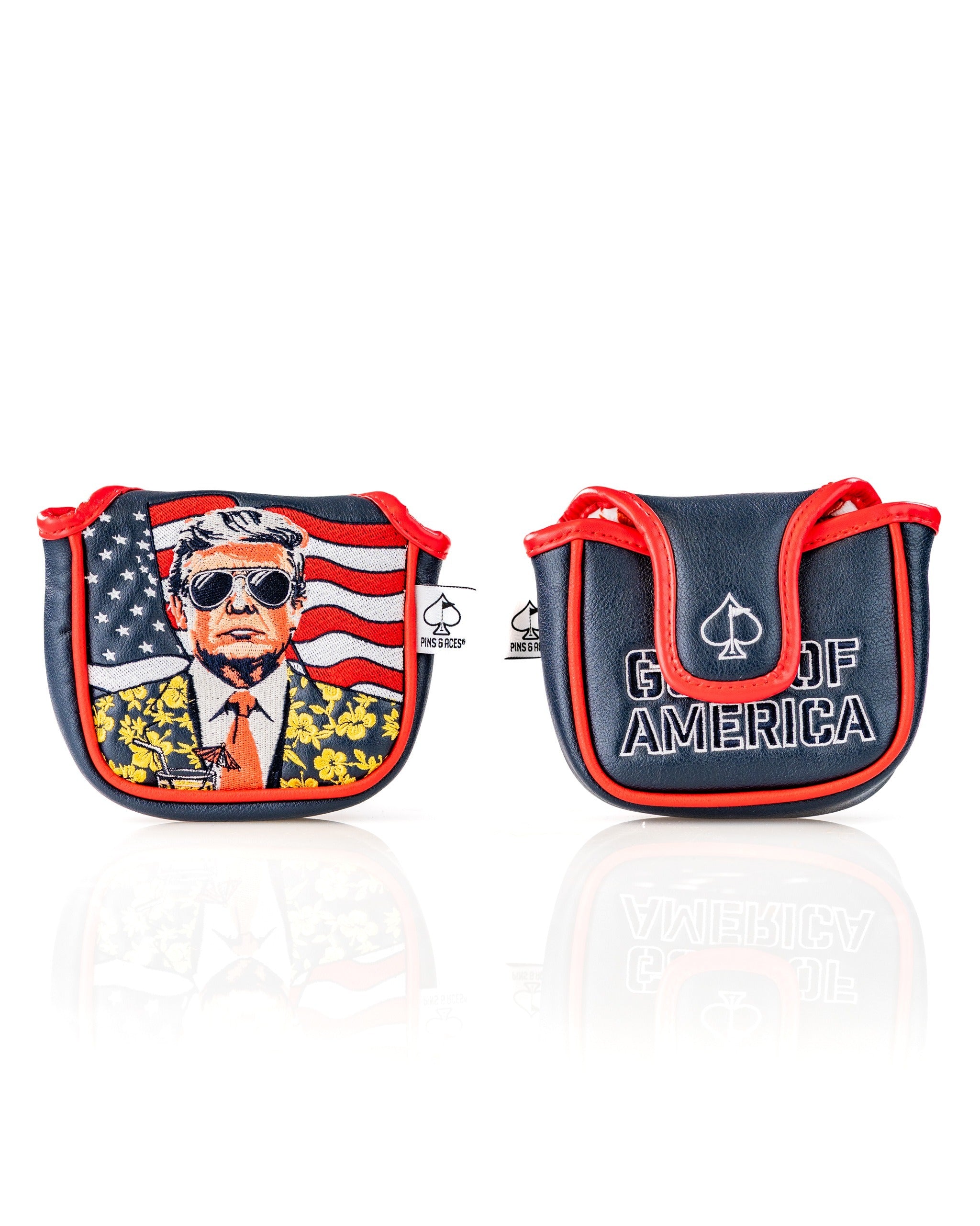 Bold mallet putter cover featuring a stylized design of a man in sunglasses with an American flag and "Gulf of America" text.