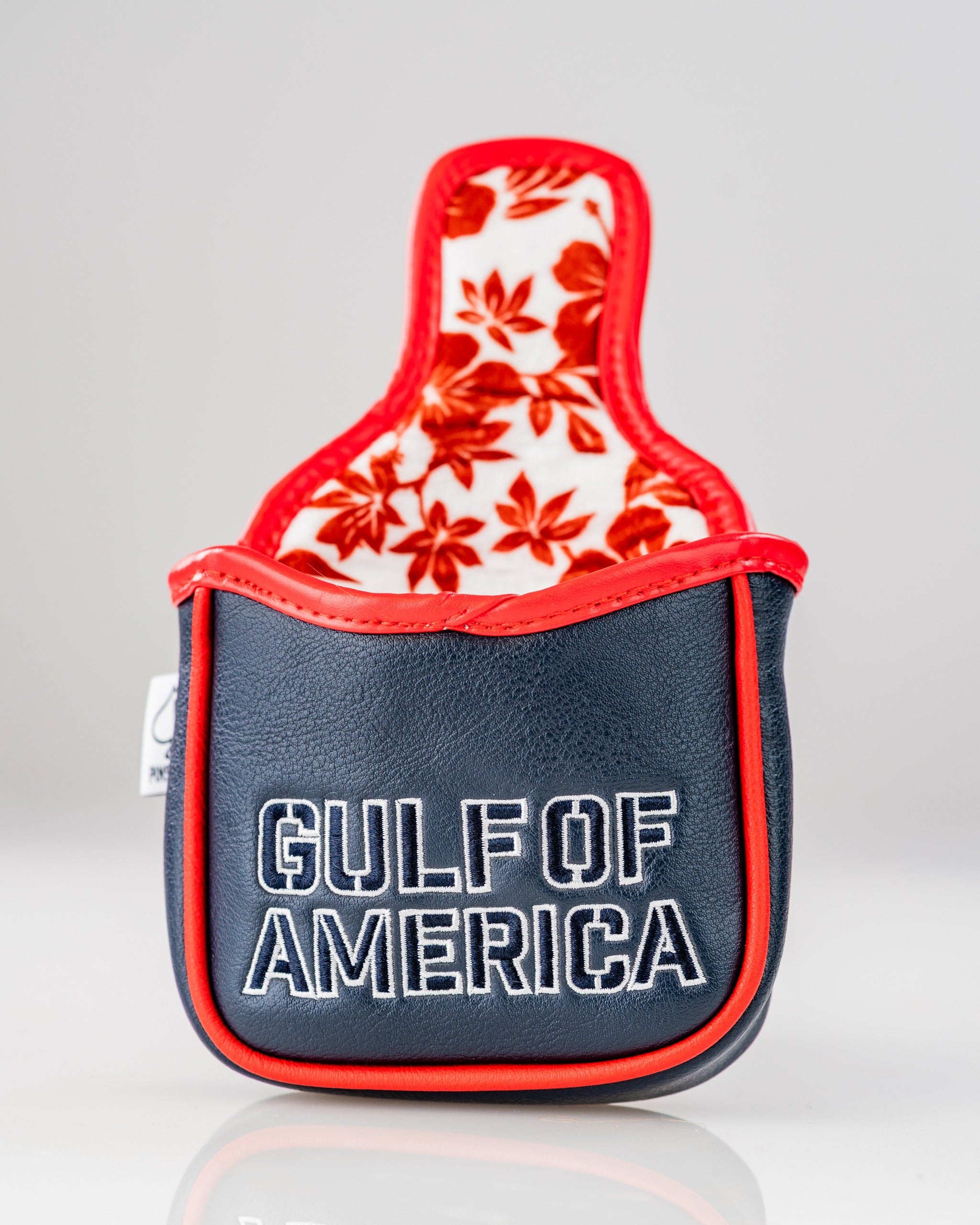 Mallet putter cover featuring "Gulf of America" text with a floral interior design, ideal for bold golfers.