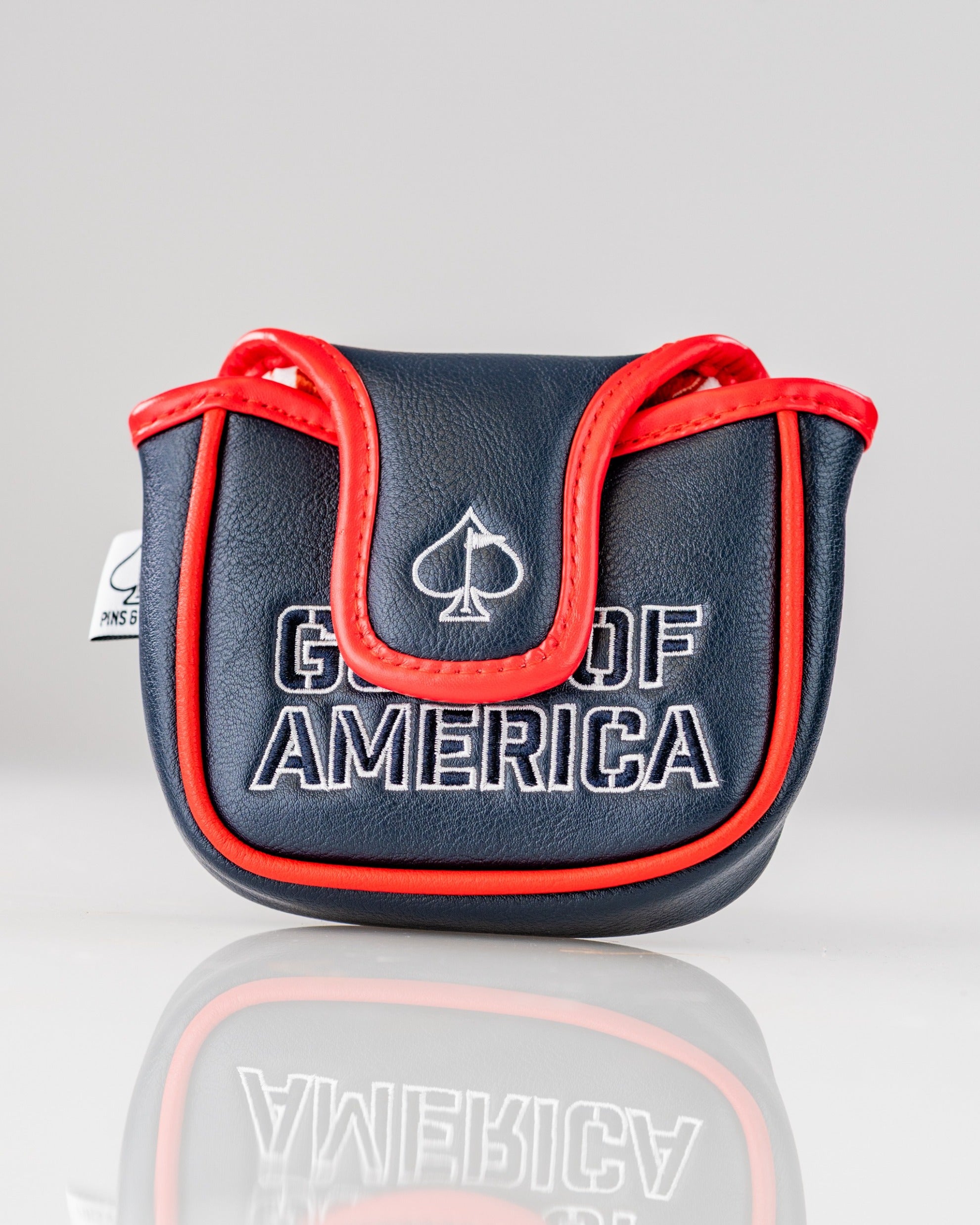 Bold navy mallet putter cover featuring "Gulf of America" embroidery and red accents, designed for standout golfers.