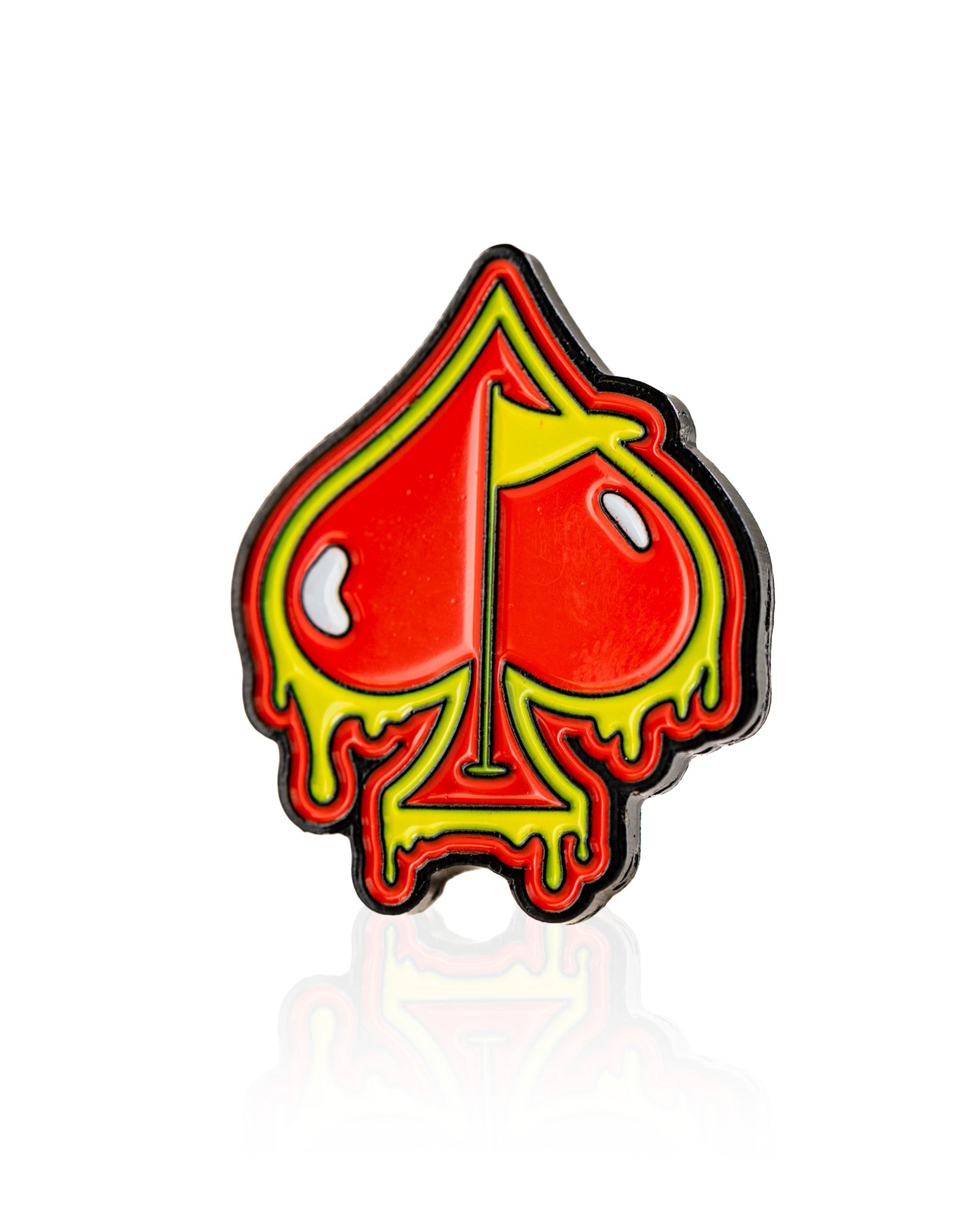 Bold Flamin' Spade ball marker featuring a red and yellow dripping spade design, perfect for golfers who want to stand out.