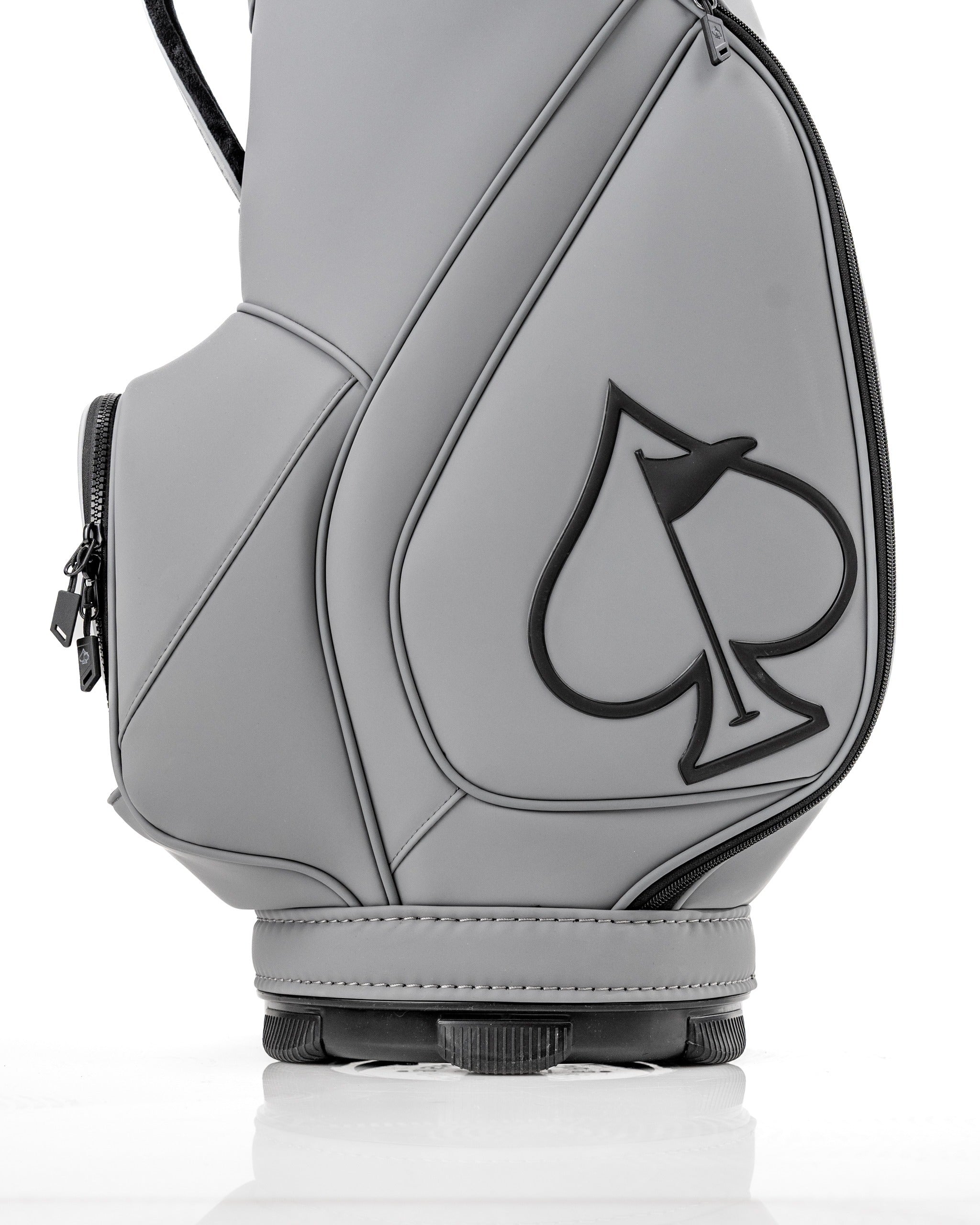Stylish Den Caddy in flat ash gray featuring a sleek design and bold spade logo, perfect for golfers seeking a modern look.