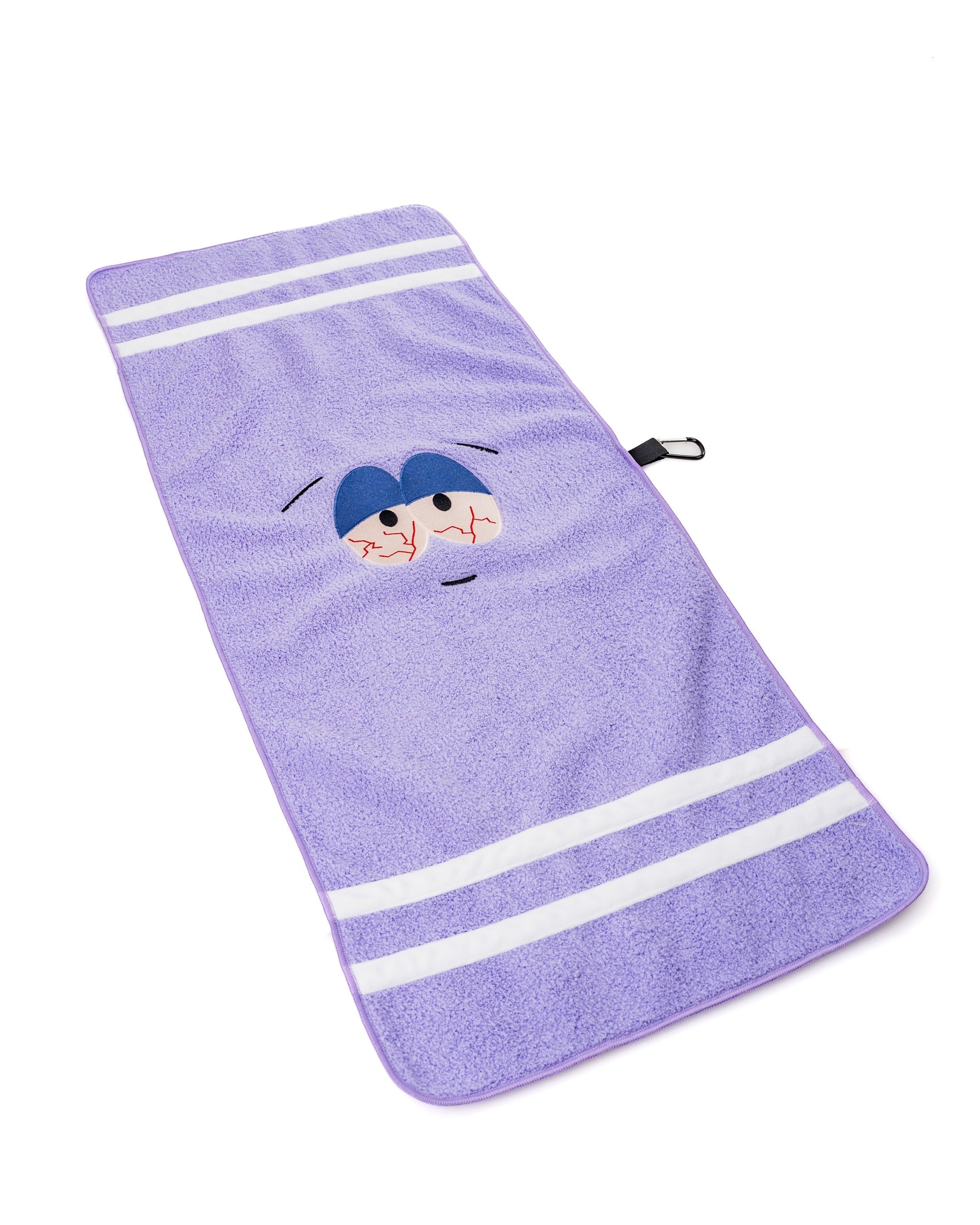 Purple towel featuring Towelie's face with blue eyes and a relaxed expression, designed for fans of South Park.