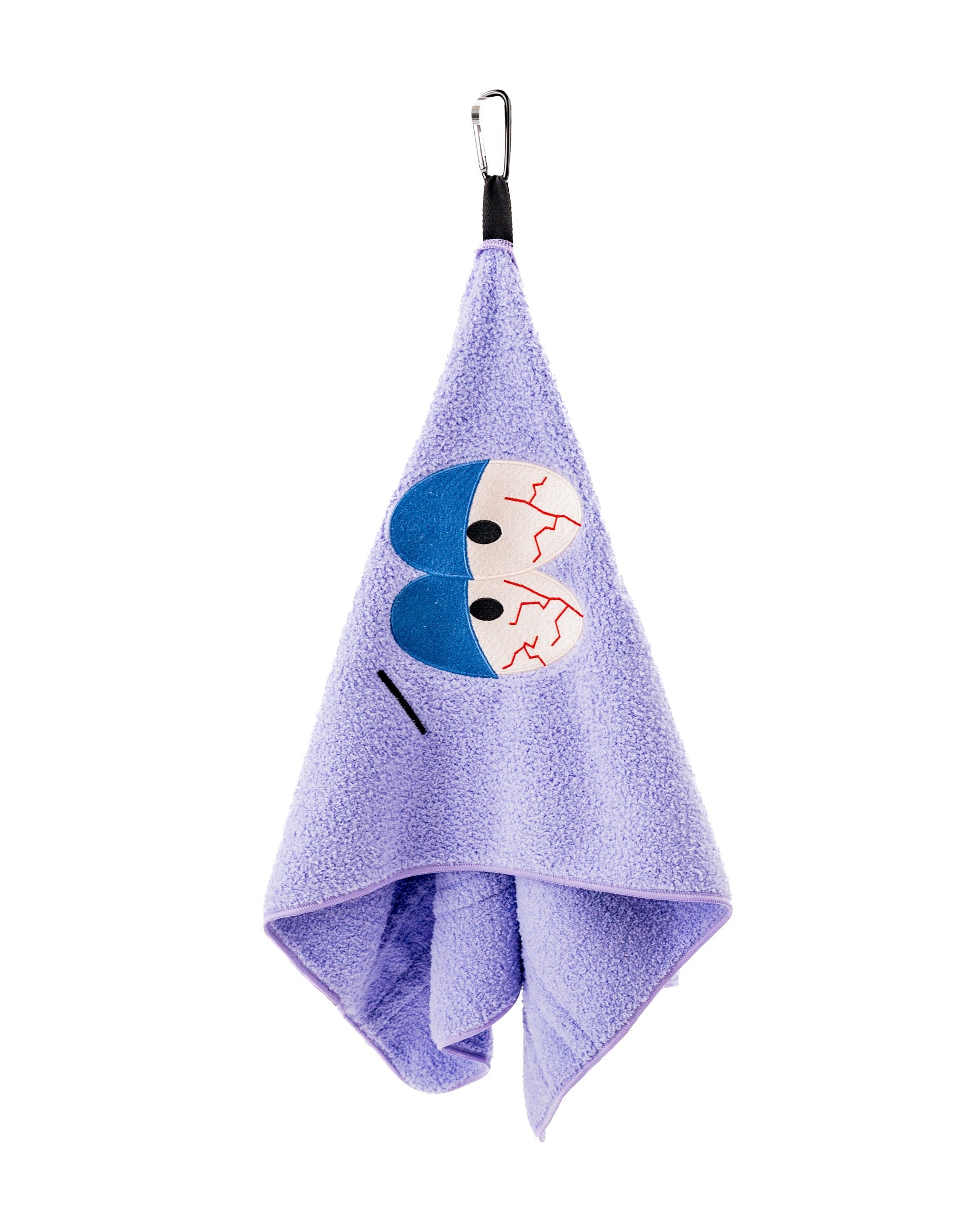 South Park Towelie towel featuring a purple design with Towelie's face and red eyes, ideal for fans of the show.