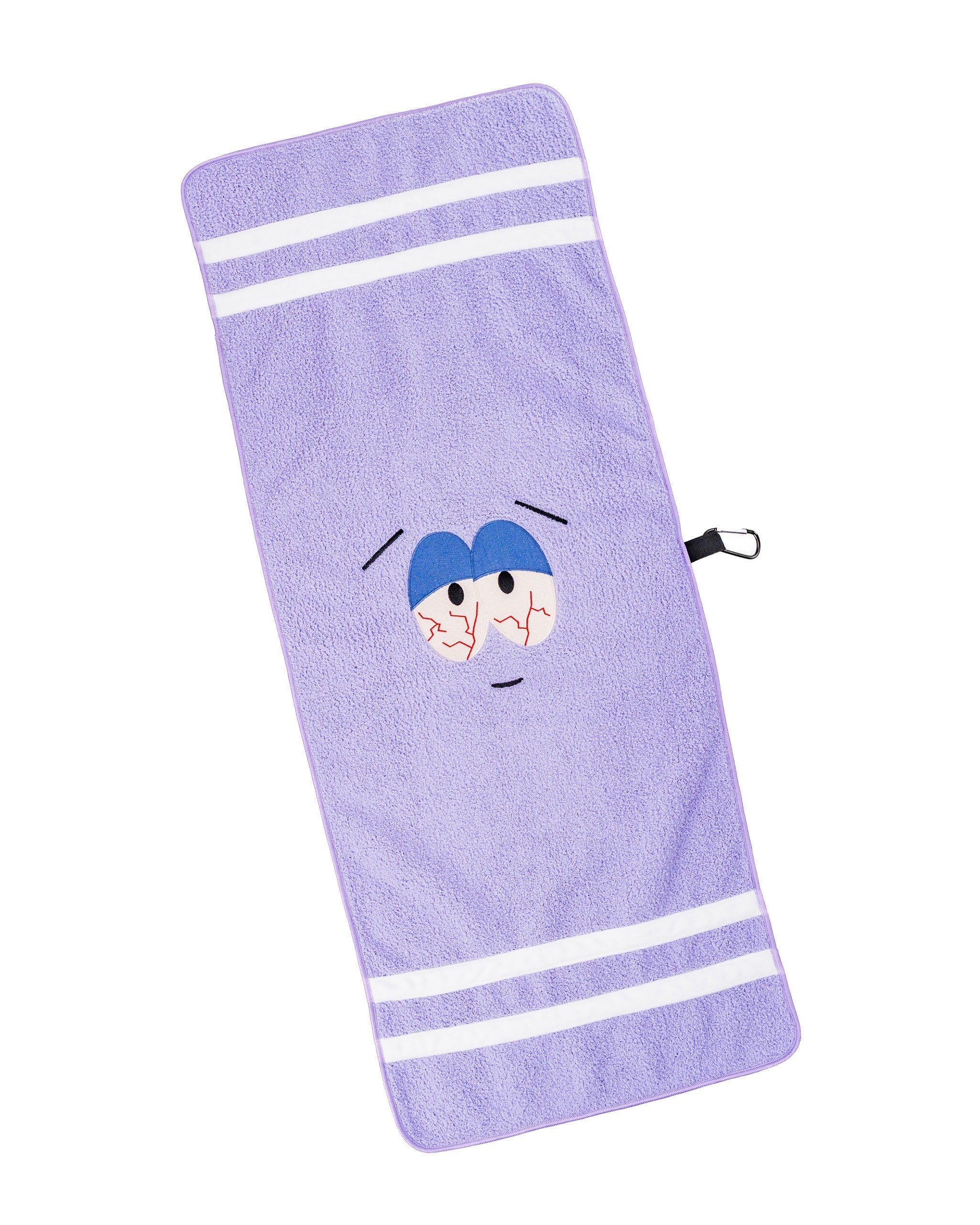South Park Towelie towel featuring a purple design with Towelie's face and eyes, perfect for fans of the show.