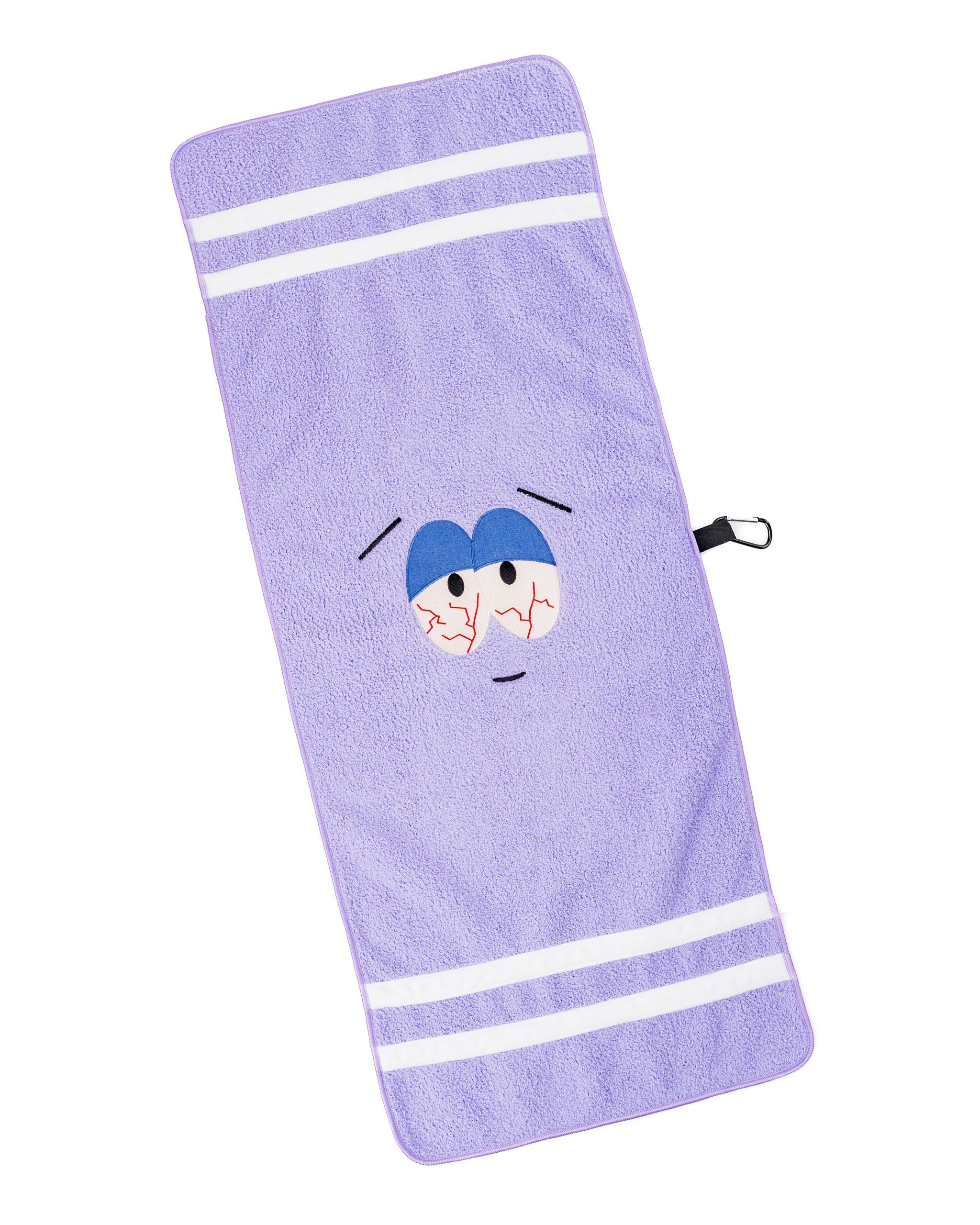 Purple towel featuring Towelie from South Park with a cartoon face and white stripes, perfect for fans and beach outings.