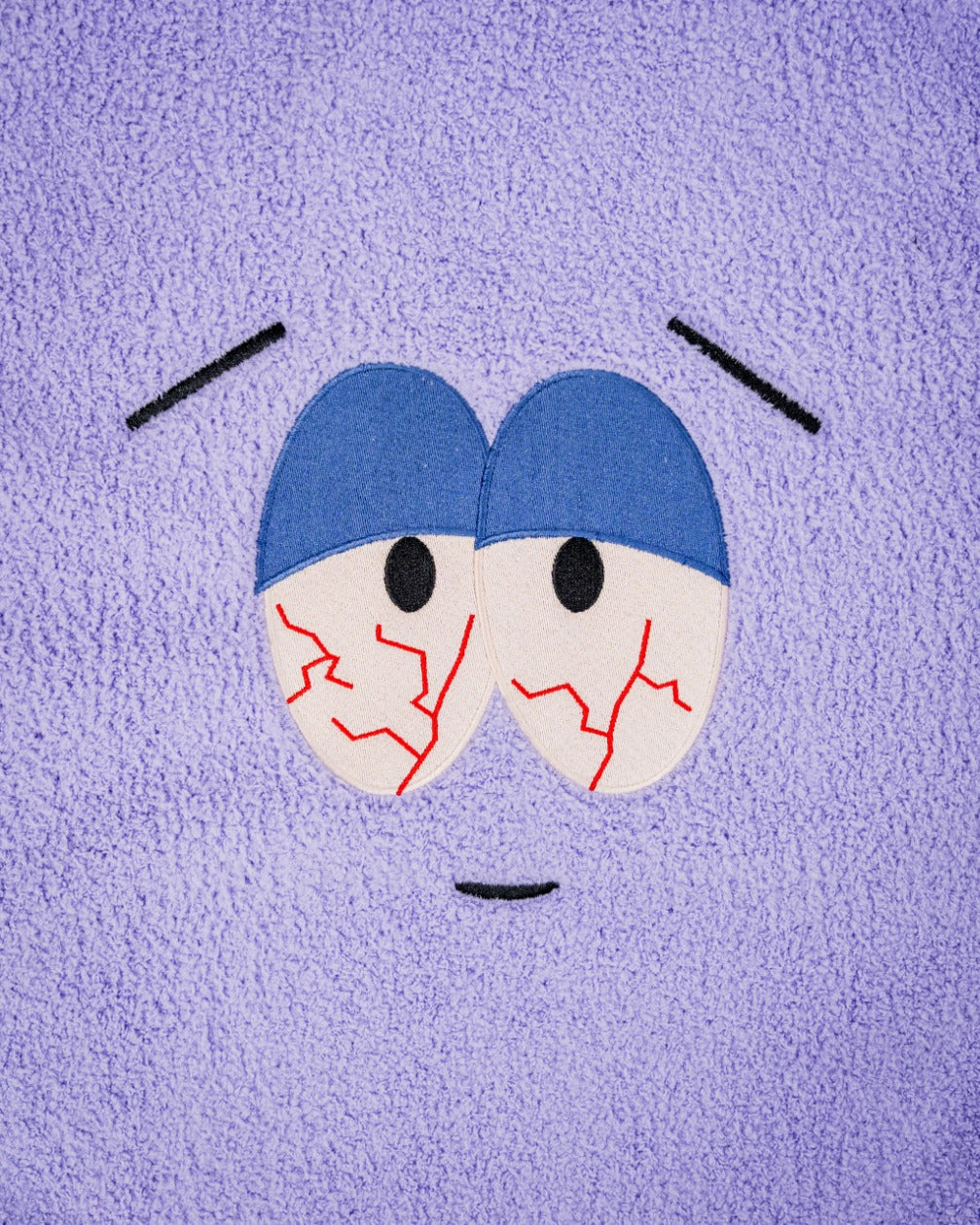 Soft purple towel featuring Towelie's iconic face with large, tired eyes and a relaxed expression, perfect for fans of South Park.