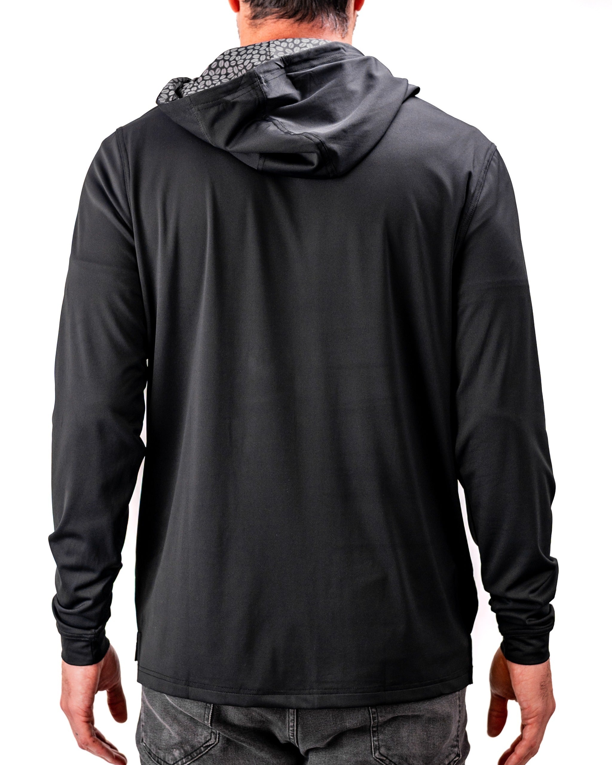 Men's performance golf hoodie in black with a patterned hood, designed for comfort and style on the golf course.