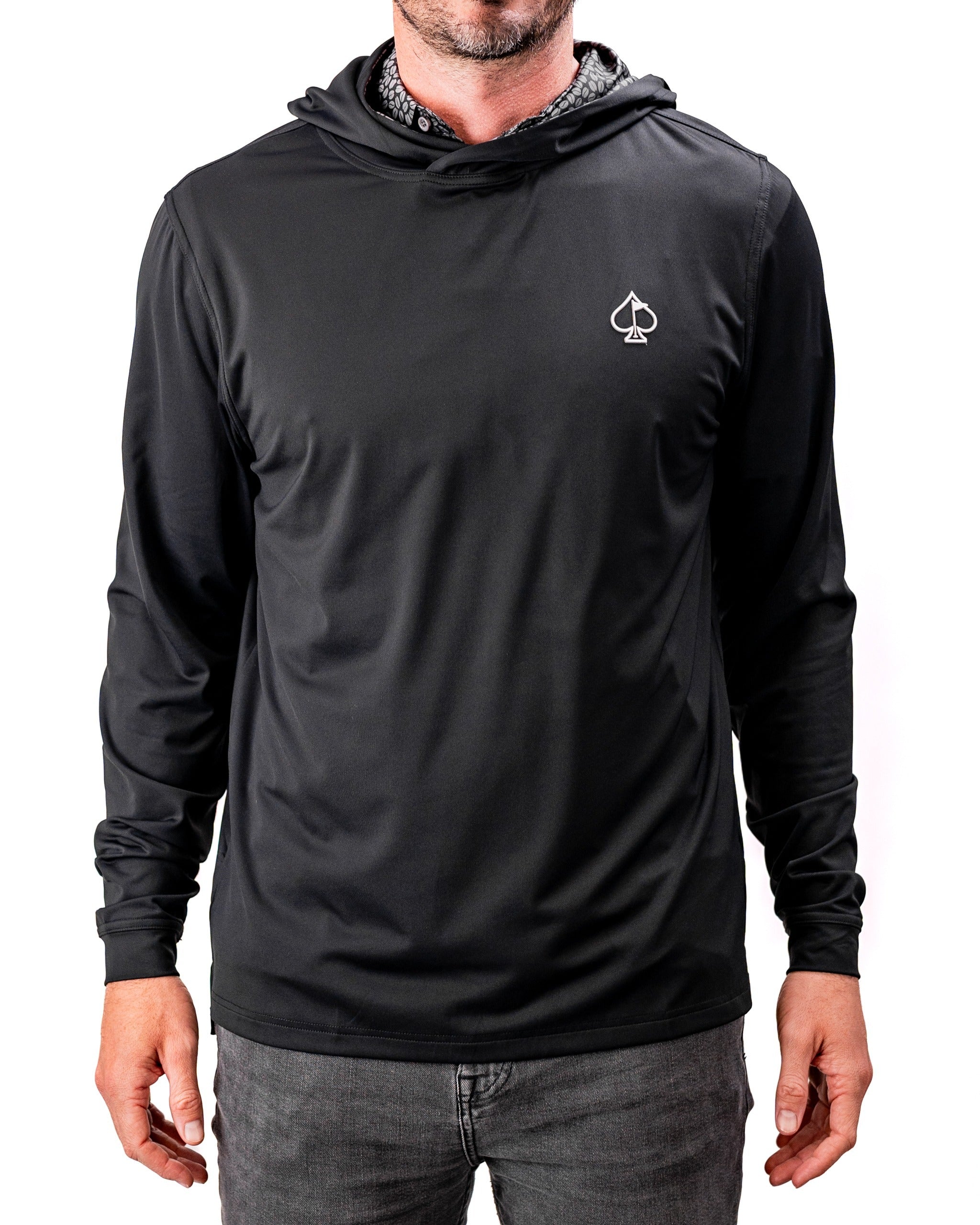 Men's performance golf hoodie in generous coffee color, featuring a sleek design and spade logo on the chest.