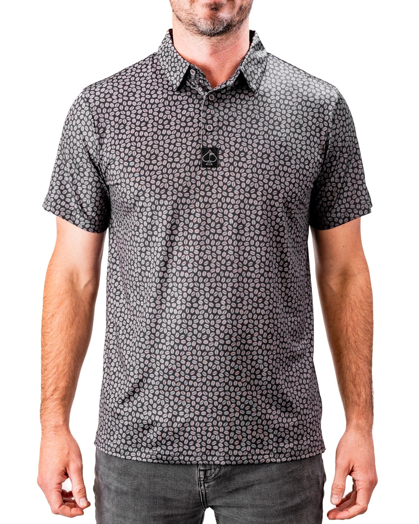 Men's Generous Coffee polo featuring a unique coffee bean pattern, designed for comfort and style on and off the course.