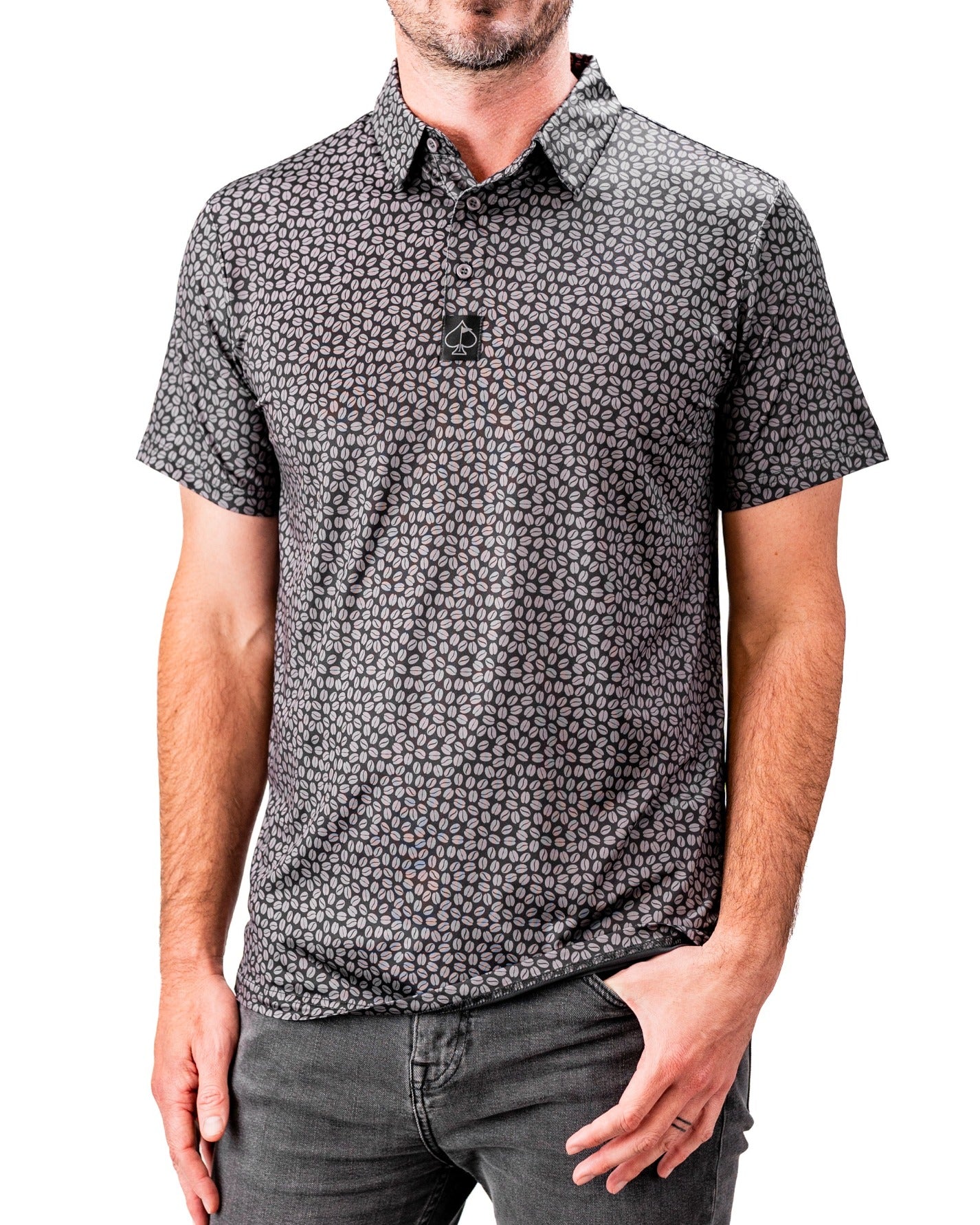 Men's Generous Coffee polo featuring a stylish coffee bean pattern, perfect for golfers seeking unique apparel.
