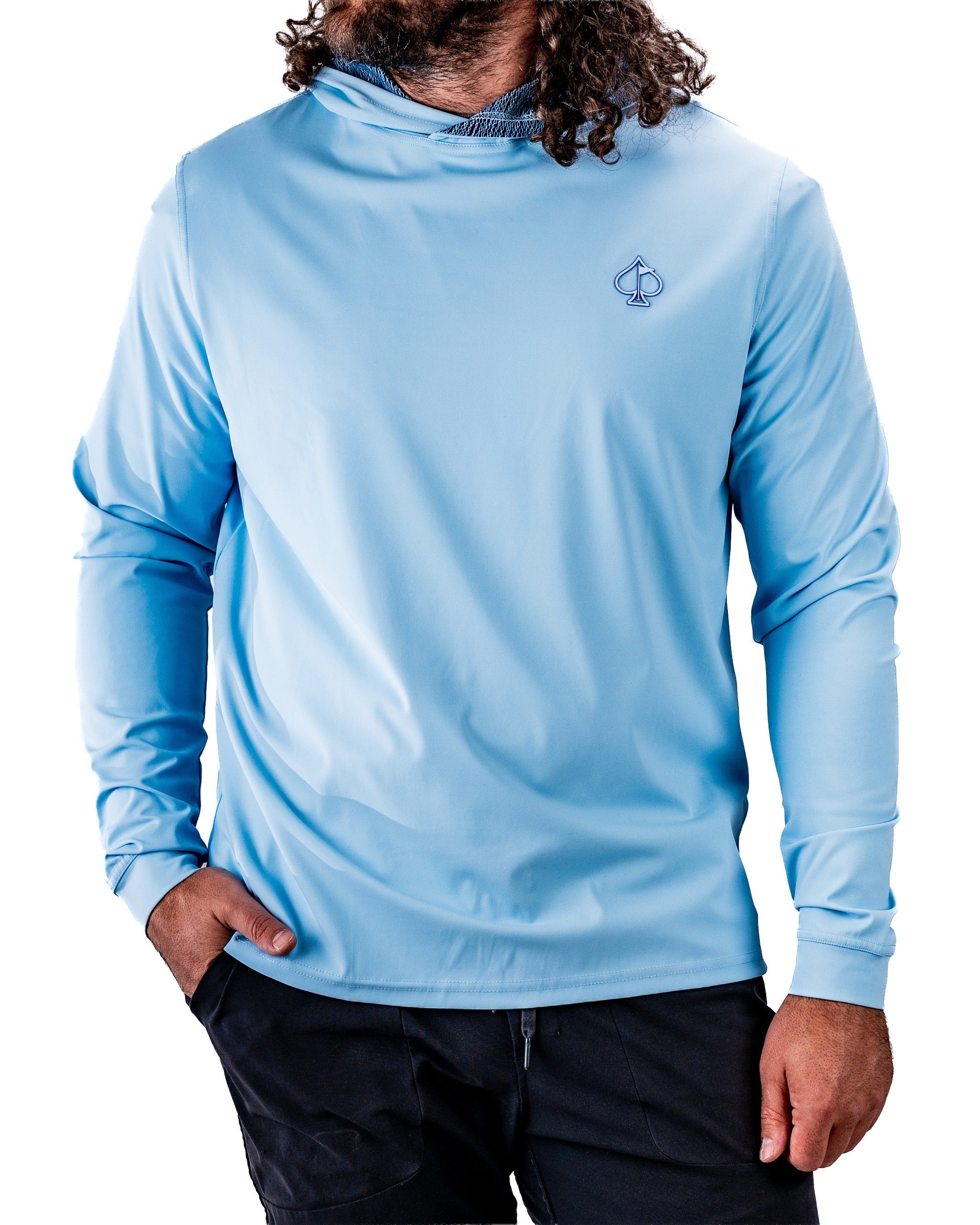 Light blue performance golf hoodie with a stylish squiggle design and logo, perfect for golfers seeking comfort and style.