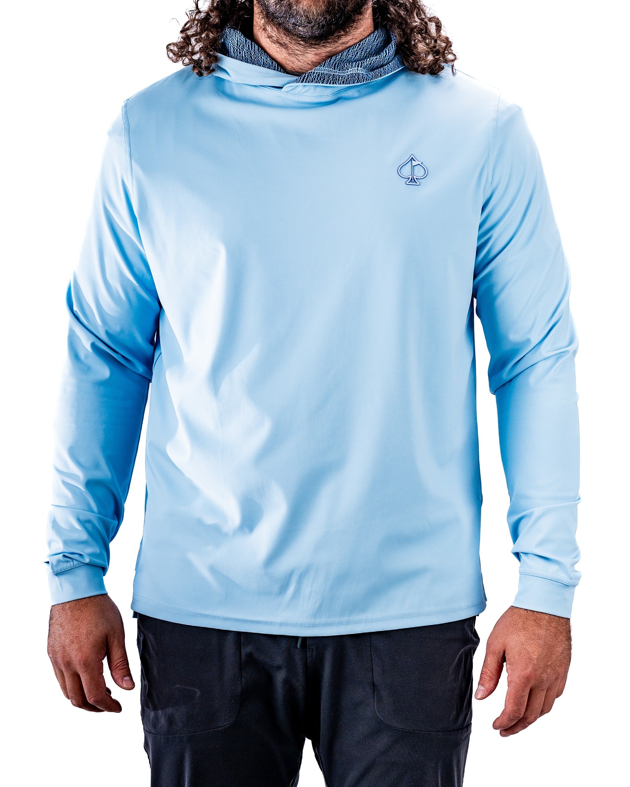 Men's performance golf hoodie in Squiggle Blue, featuring a stylish design and comfortable fit for on-course wear.