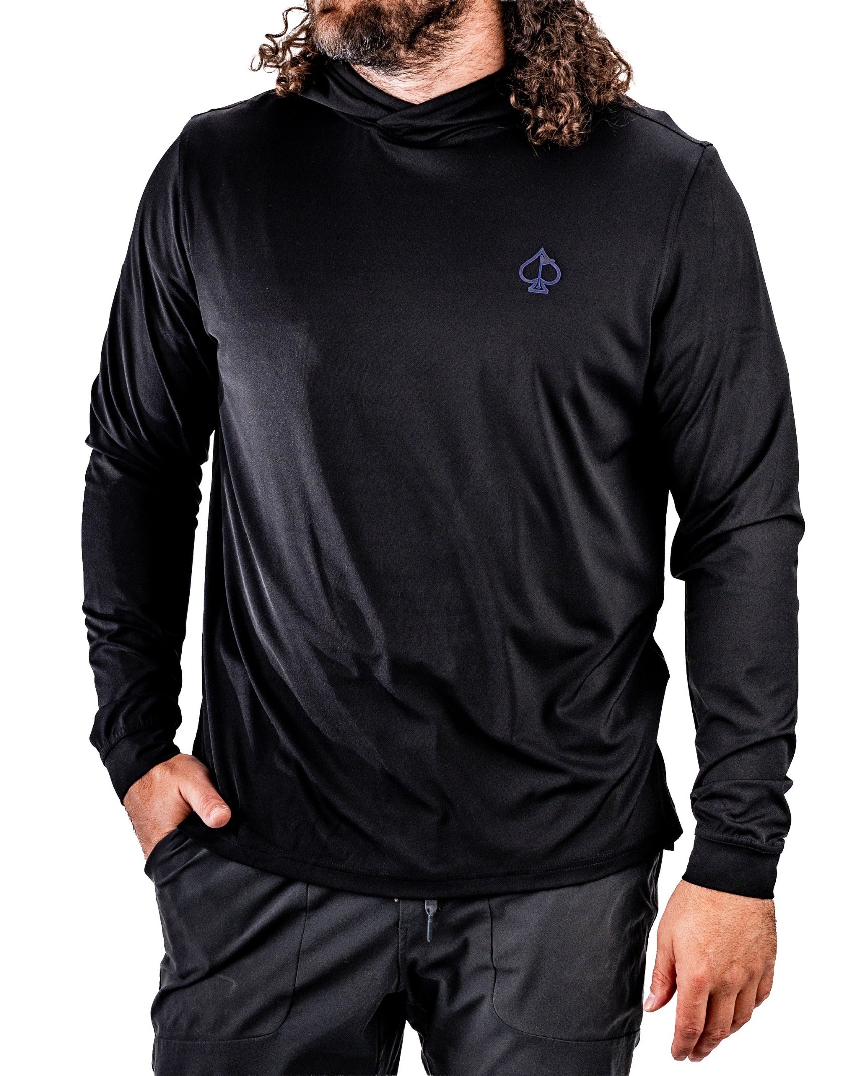 Men's black performance golf hoodie featuring a poker-themed design, perfect for stylish comfort on the course.