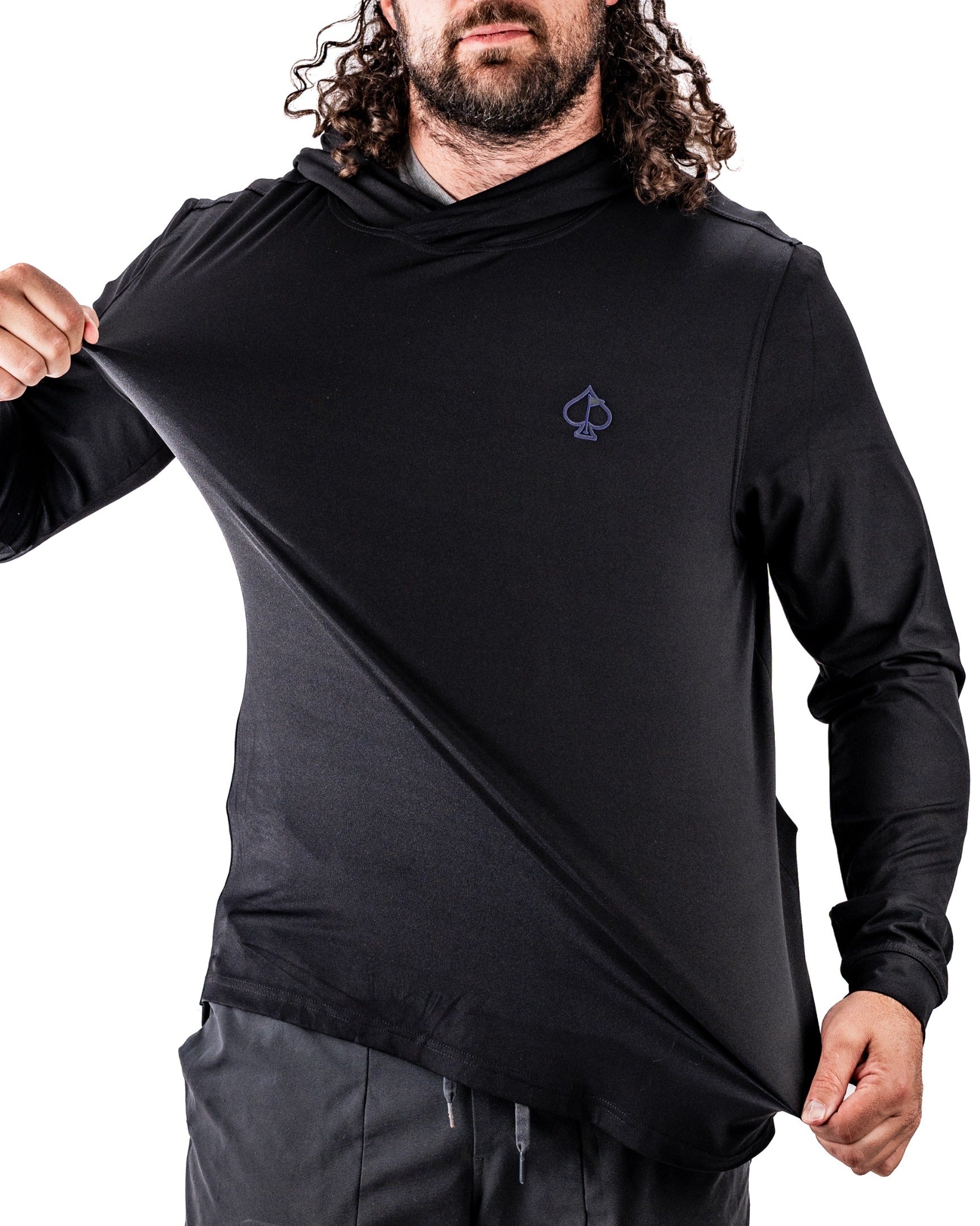 Men's black performance golf hoodie featuring a poker-themed spade logo, designed for comfort and style on the course.