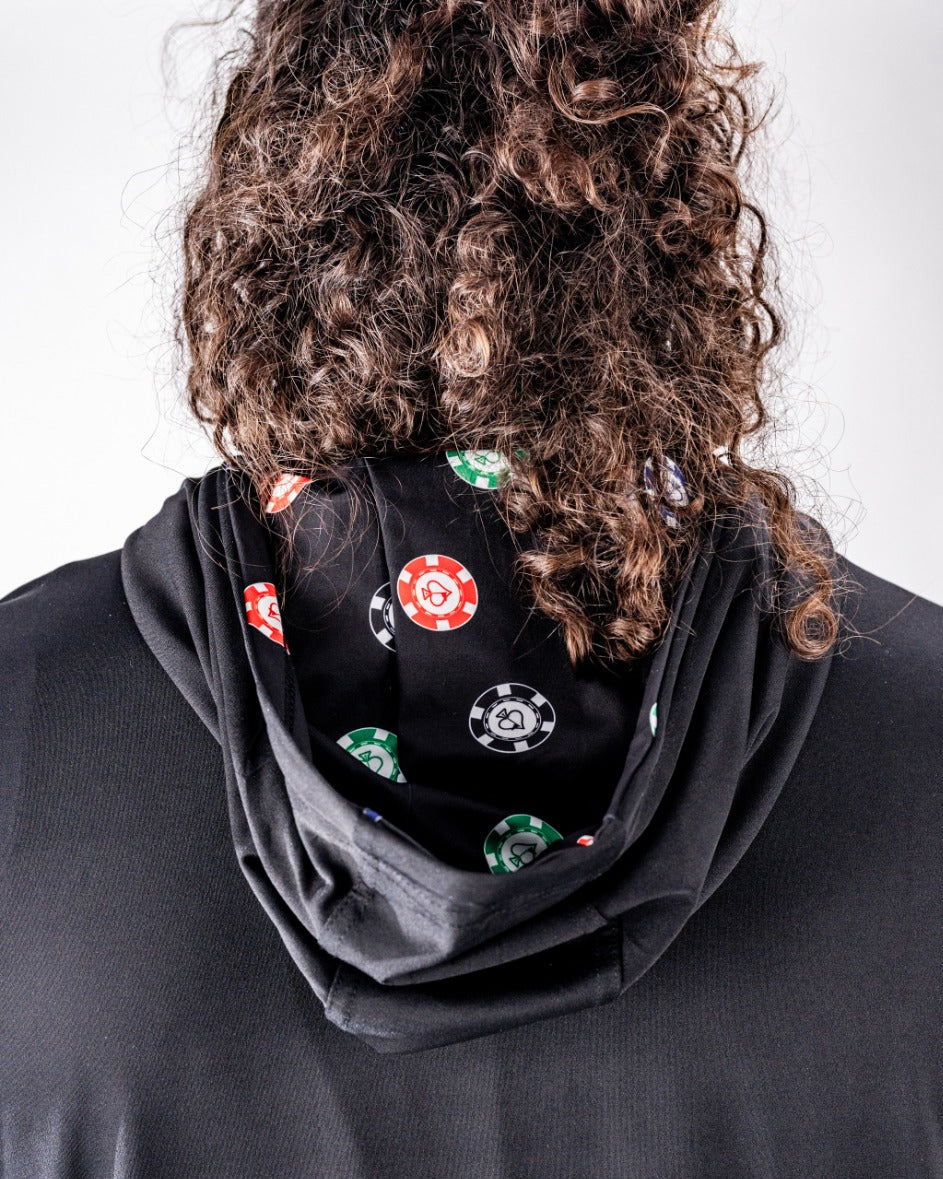 Performance golf hoodie featuring a stylish poker-themed interior lining, perfect for golfers who want to stand out.