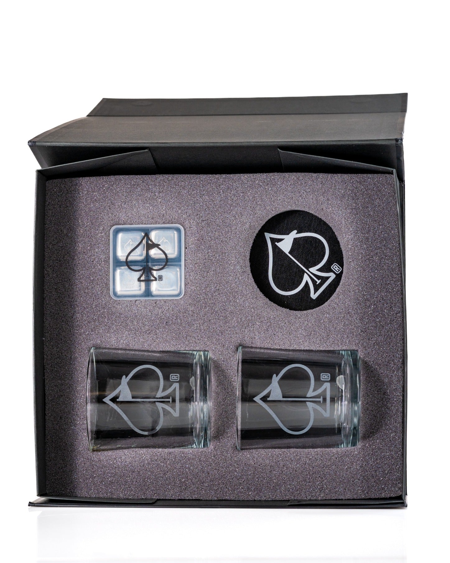 Set of 2 whisky glasses featuring a unique design, packaged in a sleek black box with a logo coaster.