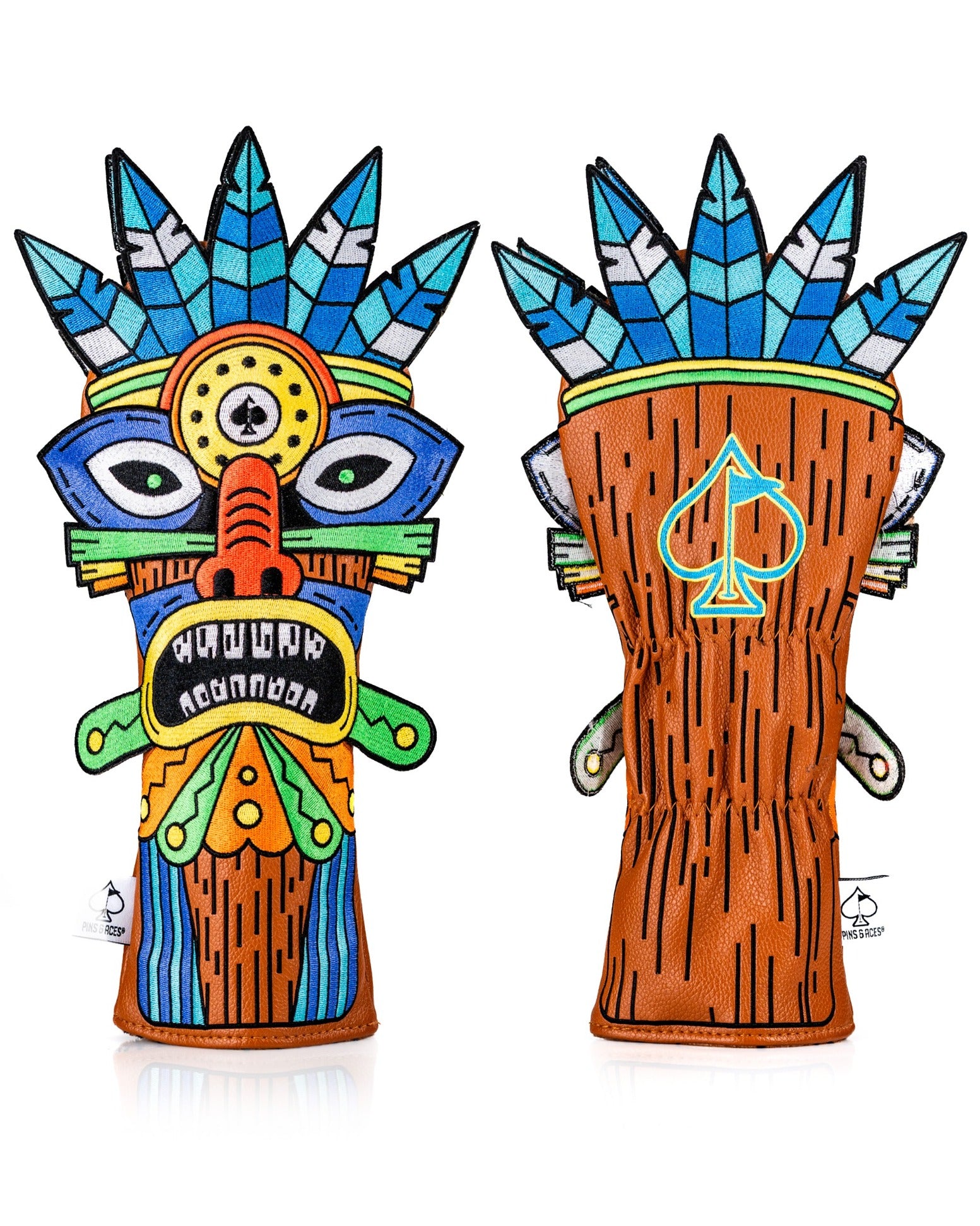 Colorful Tiki fairway cover featuring vibrant tribal designs and a unique spade logo, perfect for stylish golfers.