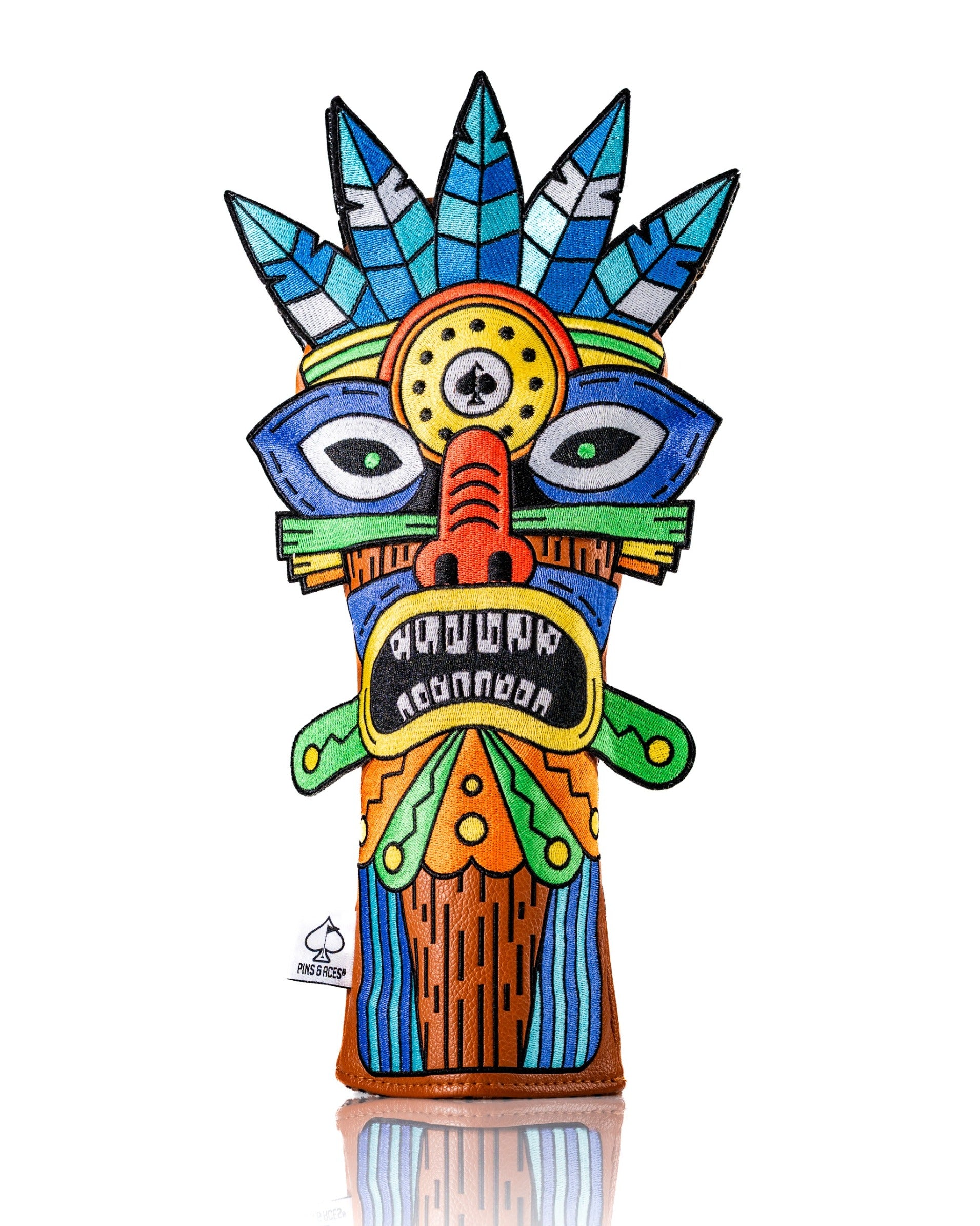 Colorful Tiki fairway cover featuring a vibrant tribal mask design with blue leaves and intricate details.