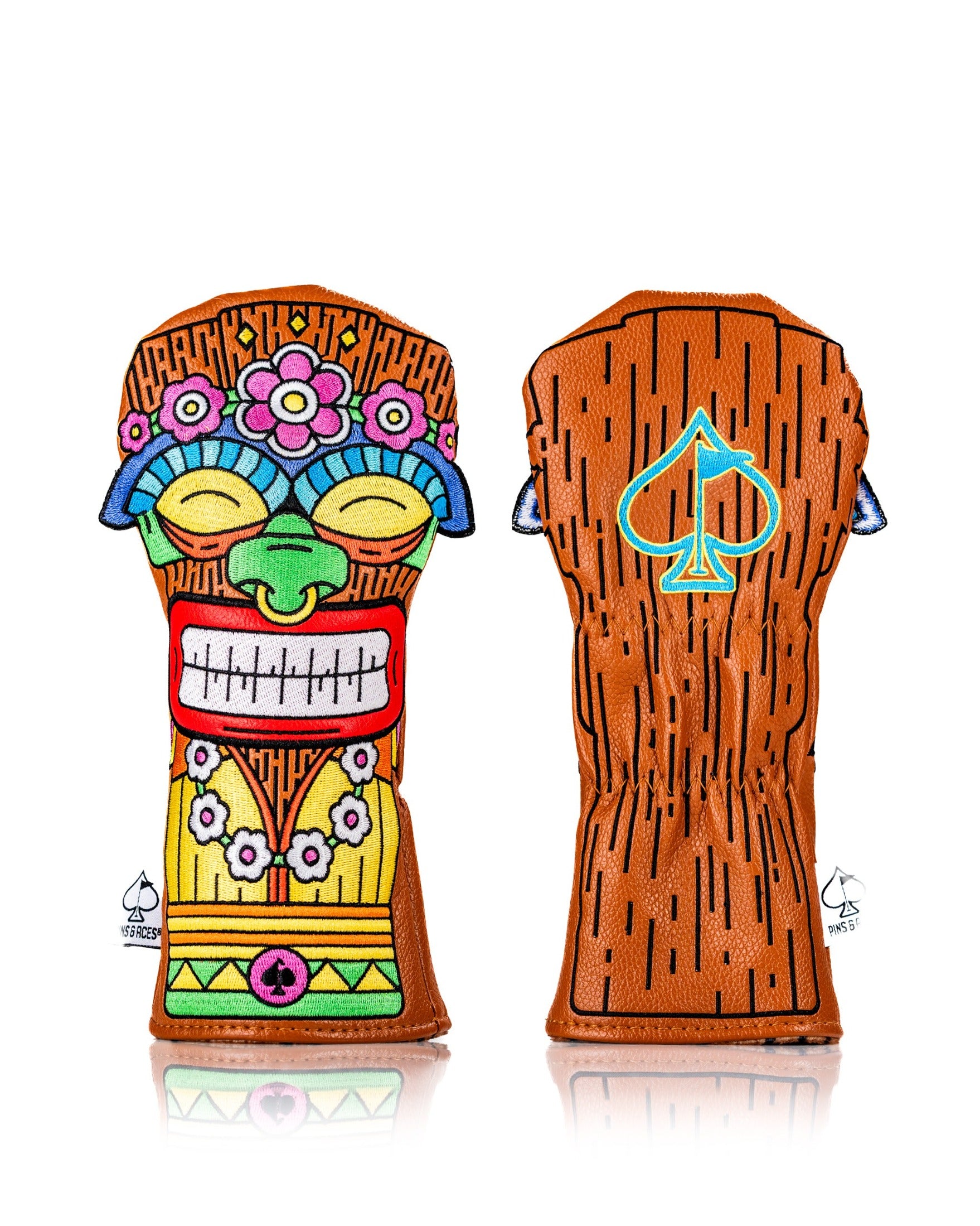 Colorful Tiki hybrid golf cover featuring a vibrant tiki design and a wooden texture, perfect for stylish golfers.