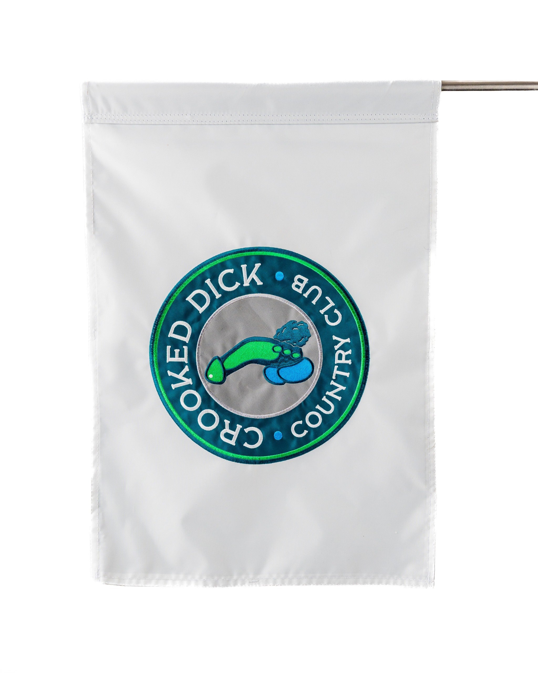 Bold golf flag featuring the Crooked Dick Club logo with a playful design, perfect for adding character to the course.