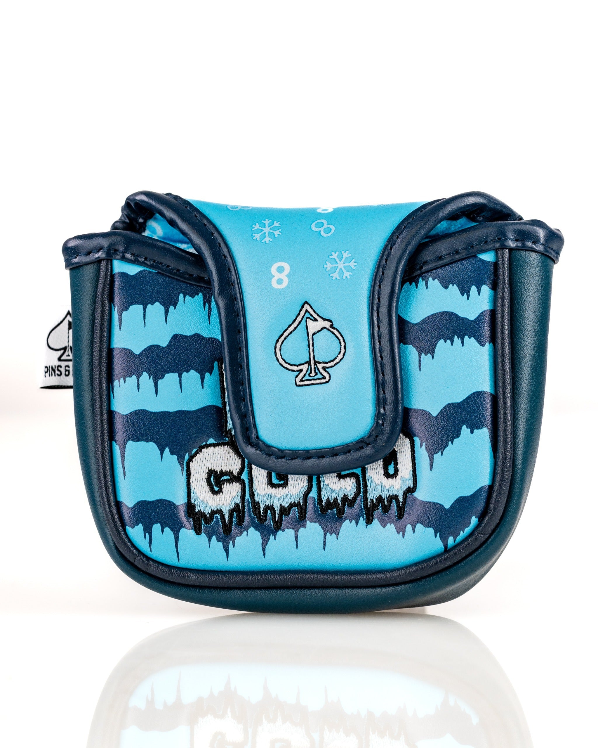 Bold blue mallet cover featuring a snowman design with icy patterns, perfect for golfers wanting a unique accessory.