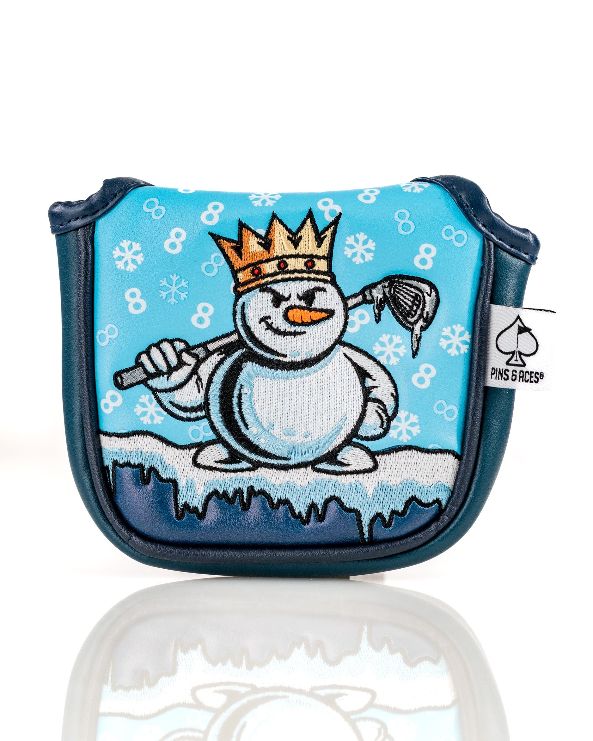 Snowman mallet cover featuring a playful design with a crowned snowman holding a golf club against a blue background.
