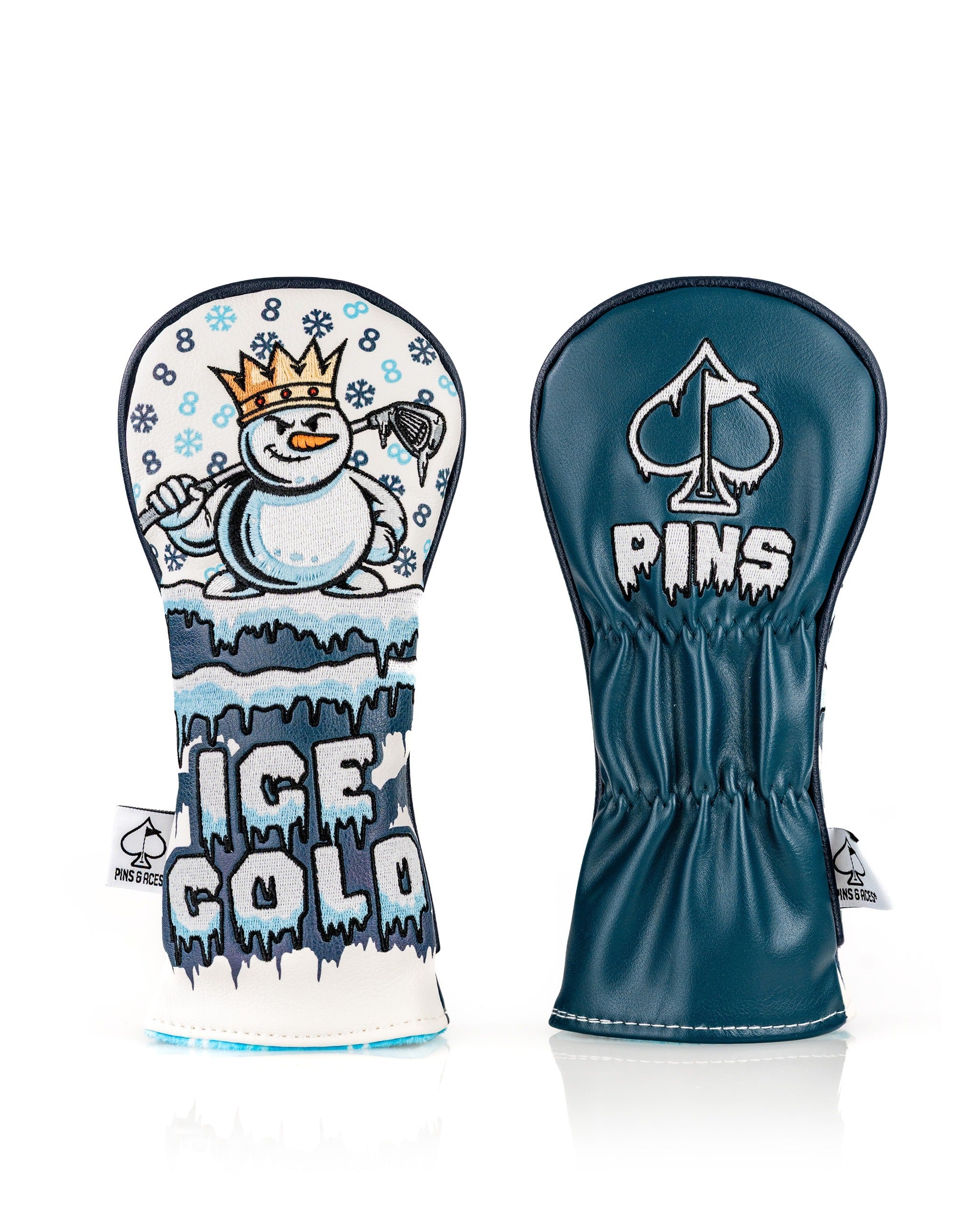 Snowman hybrid cover featuring a playful snowman design with a crown and the text "ICE COLD" on one side, and a solid teal back.