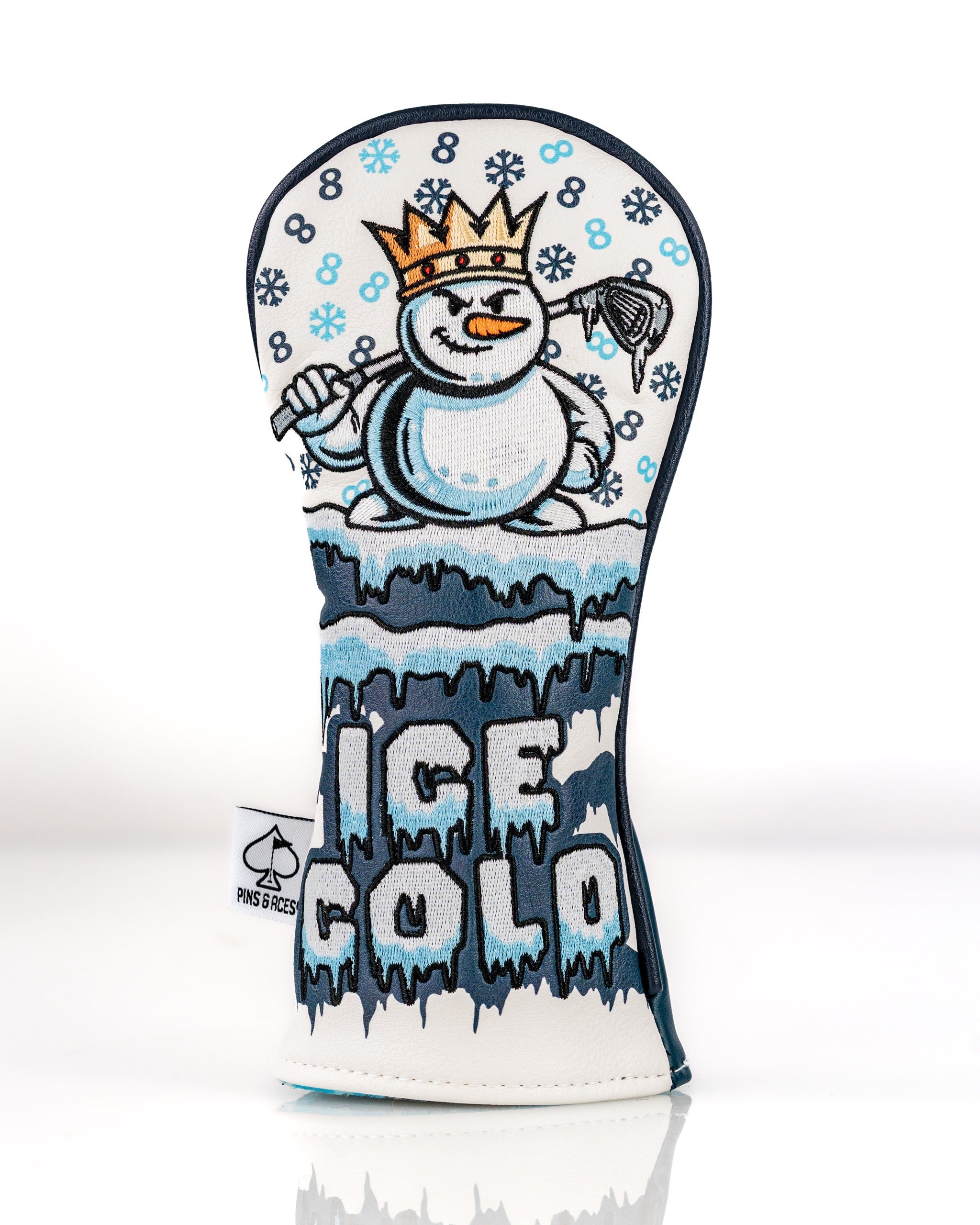 Snowman hybrid golf club cover featuring a playful design with a crowned snowman and icy details. Perfect for winter golf.
