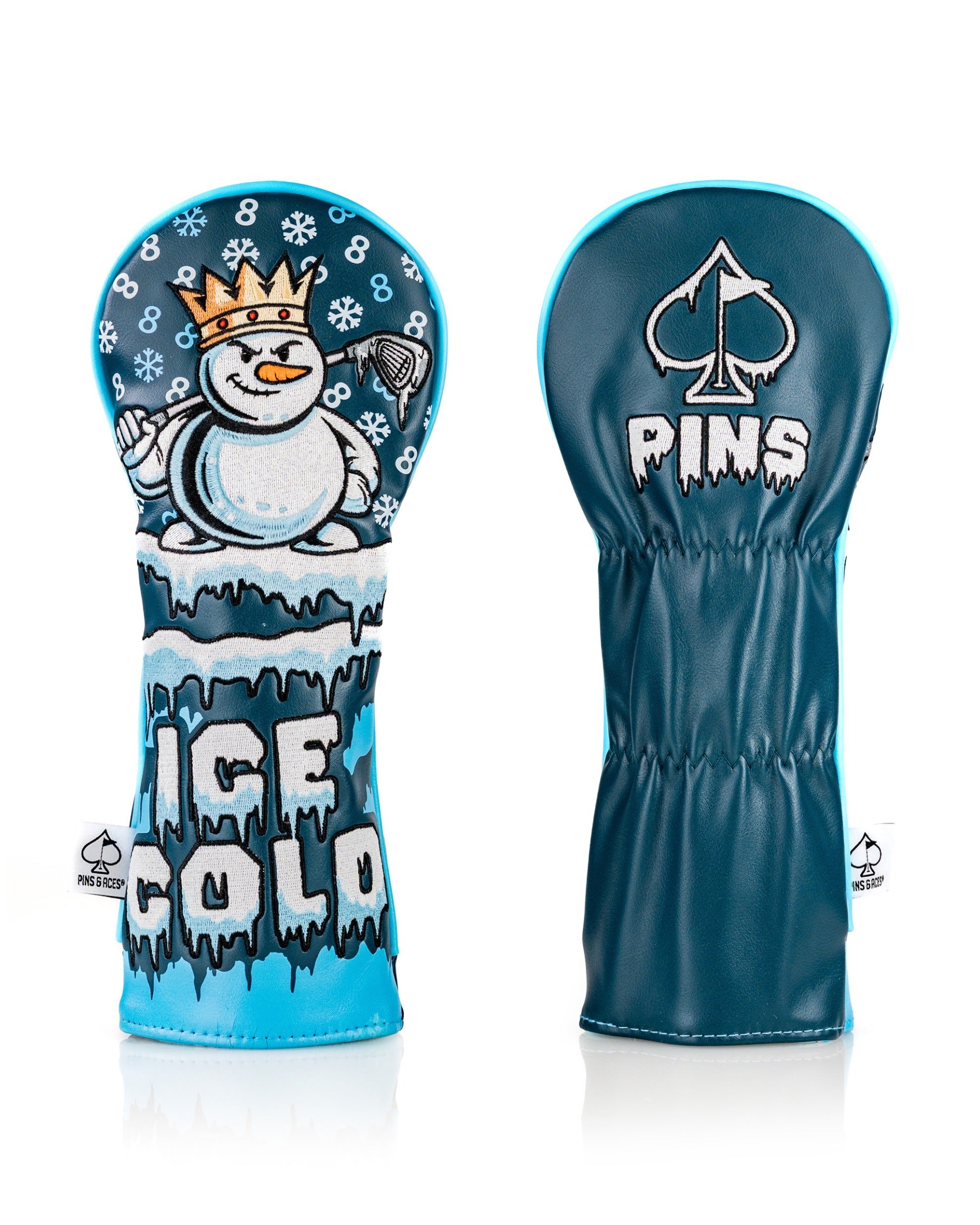 Bright blue fairway cover featuring a snowman with a crown and the text "Ice Cold," designed for bold golf style.