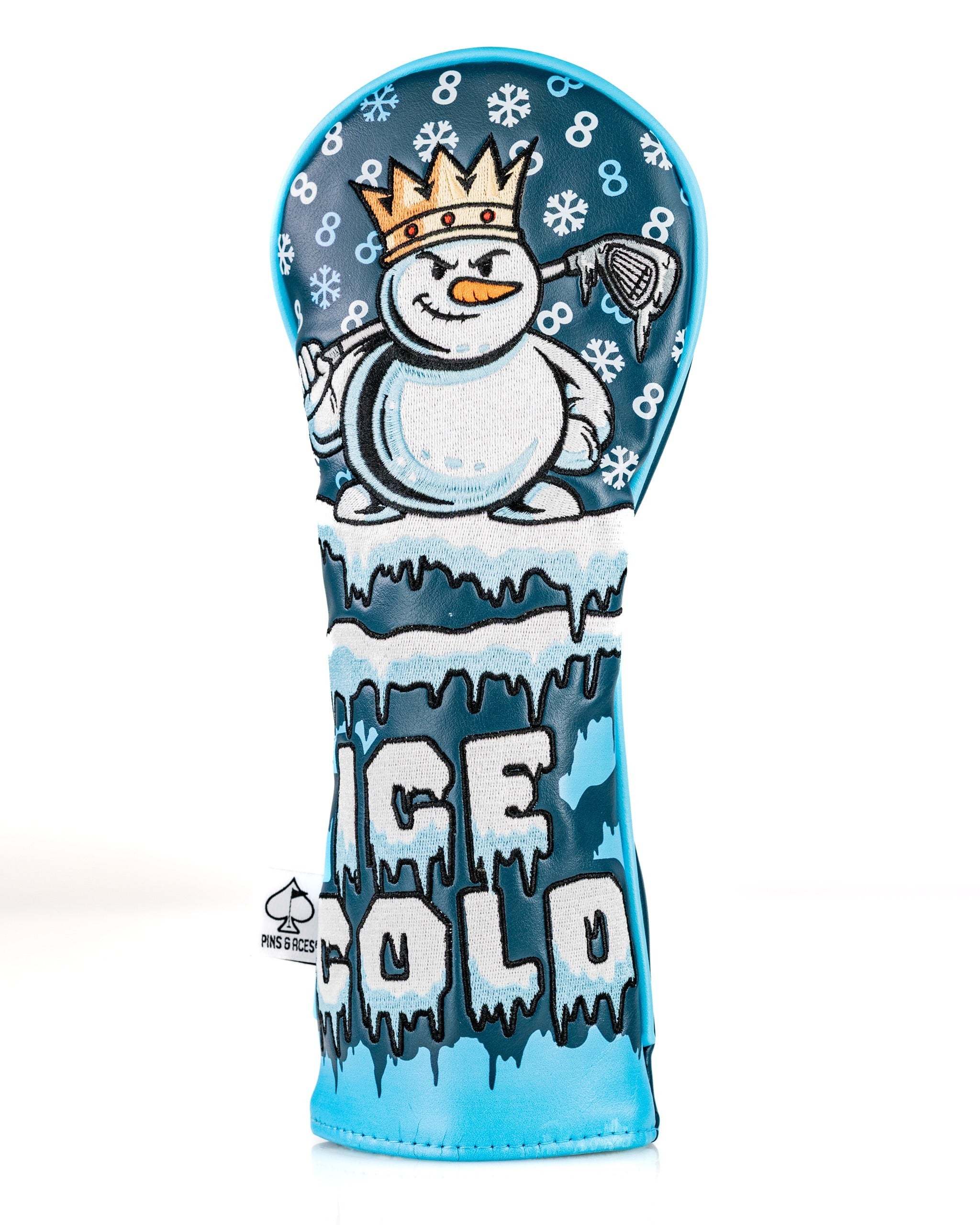 Snowman fairway cover featuring a cartoon snowman with a crown, snowflakes, and "Ice Cold" text in icy blue design.