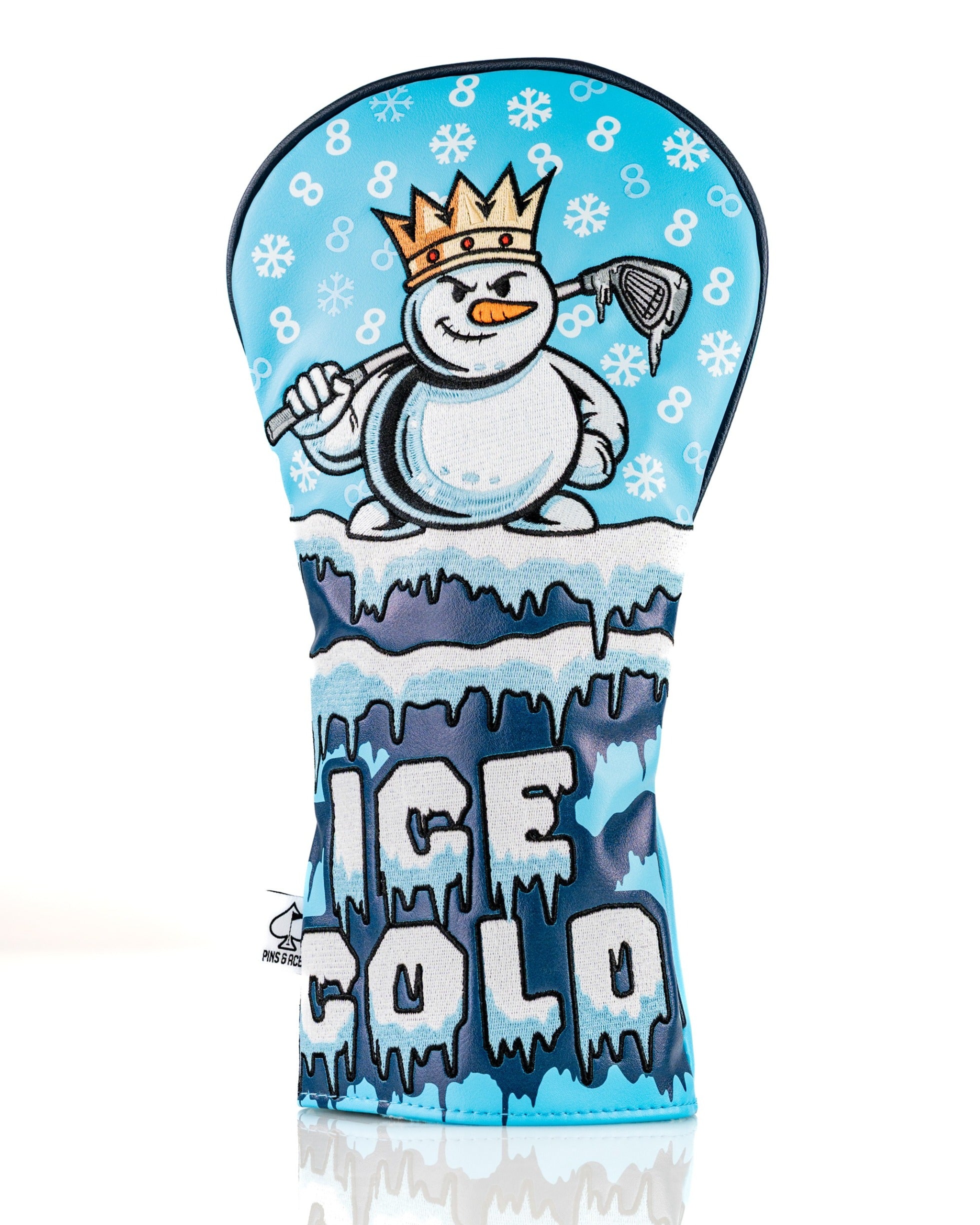 Snowman driver cover featuring a crowned snowman holding a shovel against a blue icy background with "ICE COLD" text.