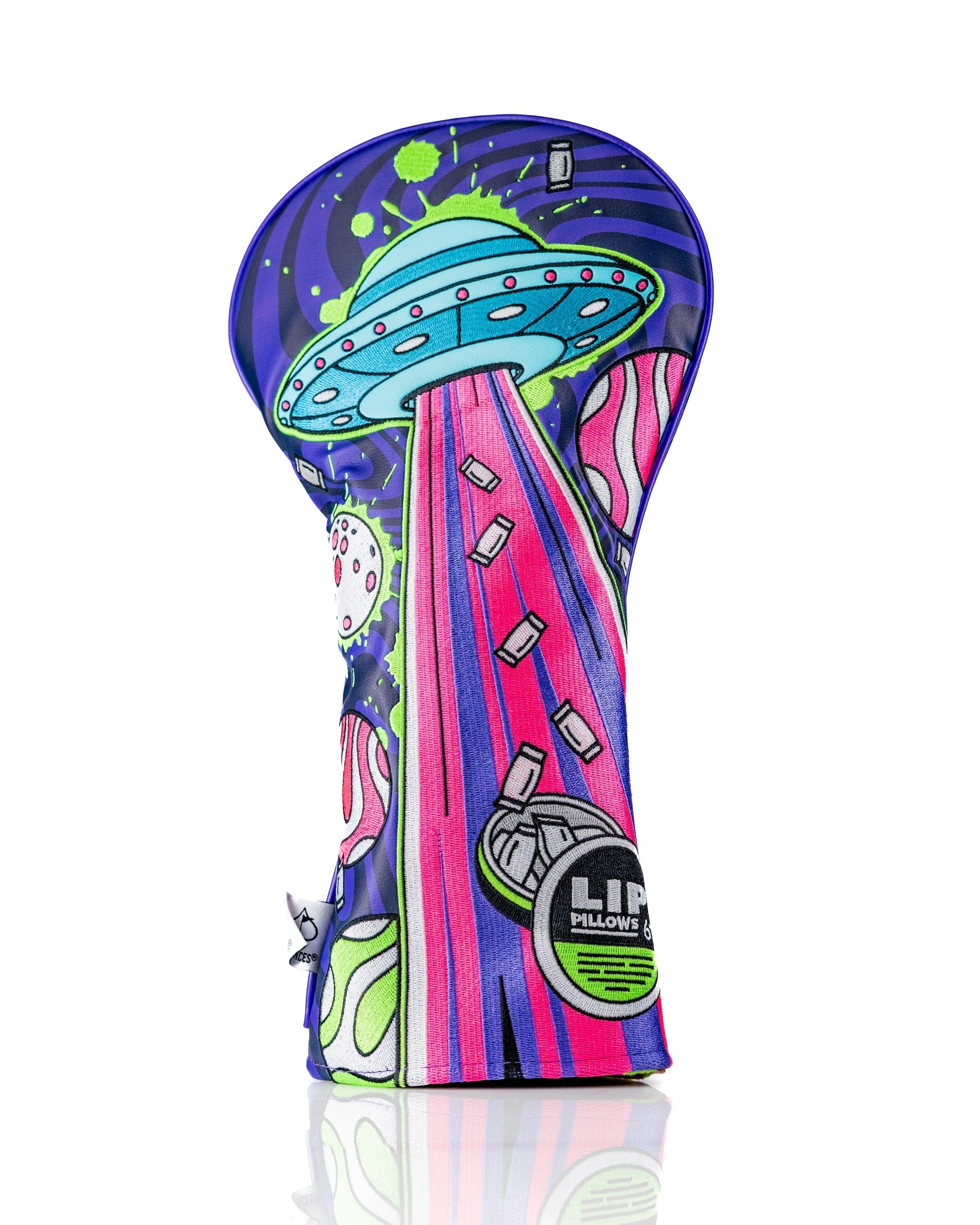 Bold alien-themed driver cover featuring a colorful UFO design, perfect for golfers wanting to stand out on the course.