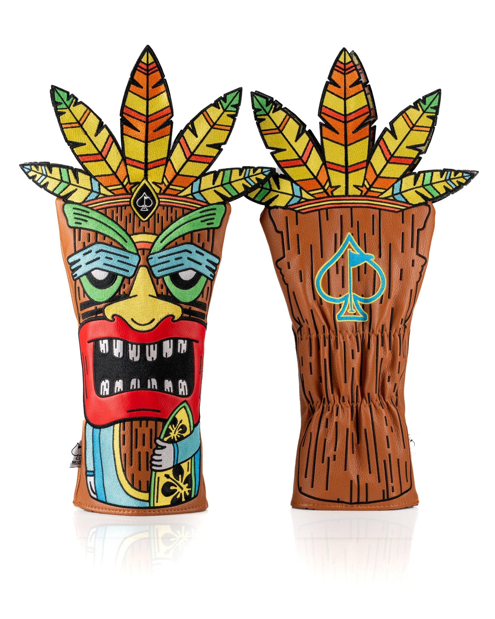 Bold Tiki driver cover featuring a vibrant design with a tiki face and colorful leaf accents, perfect for standout golf style.
