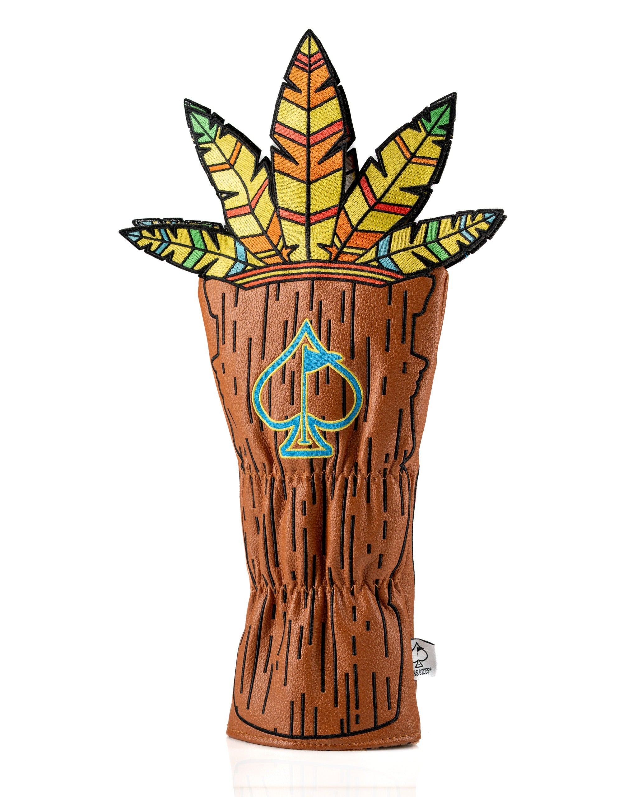 Tiki driver cover featuring a wooden texture design with colorful leaf accents and an embroidered spade logo.