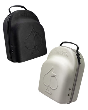 Stylish Hat Caddie in black and silver, designed to protect and carry golf hats with a sleek, durable exterior.